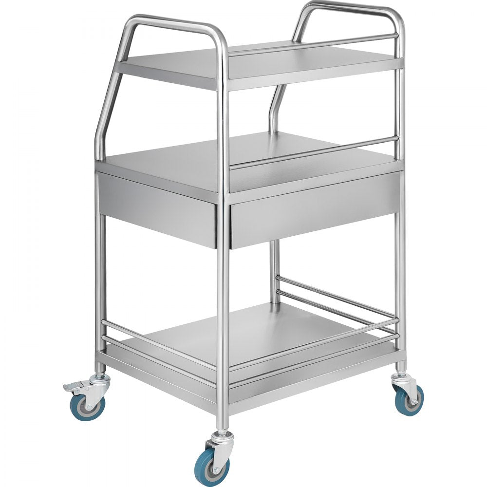 VEVOR Utility Cart with 3 Shelves Shelf Stainless Steel with Wheels Rolling Cart Commercial Wheel Dental Lab Cart Utility Services (3 Shelves/ 1 Drawer)