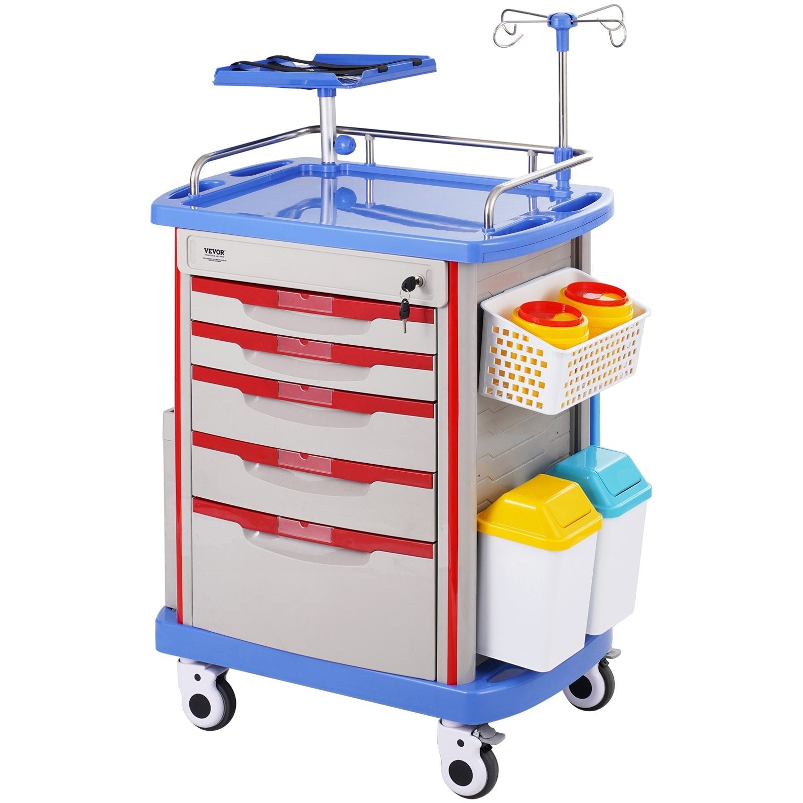 VEVOR 5 Tiers Lab Carts Mobile Medical Cart with 5 Drawers & 2 Trash Cans Blue