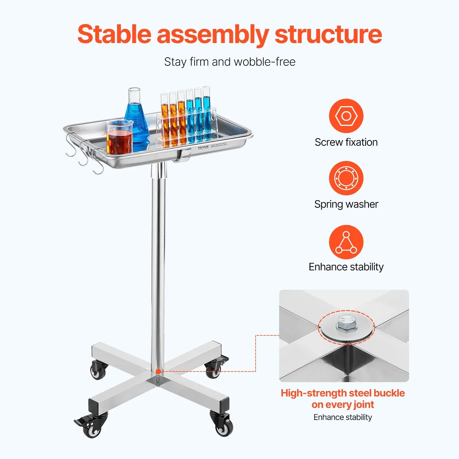 VEVOR Mobile Mayo Stand Stainless Steel Mayo Tray 25.2-39.8" with Removable Tray