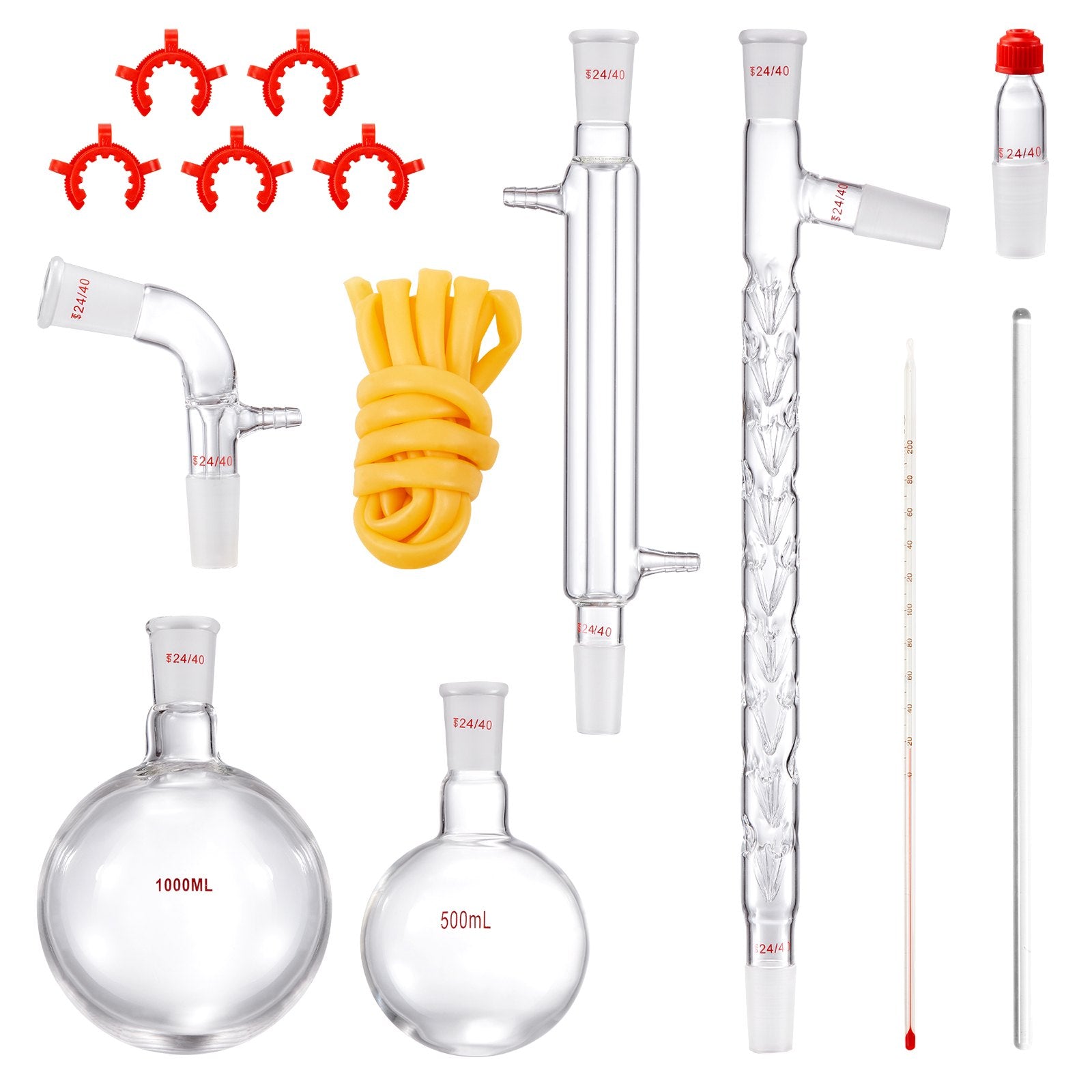 VEVOR Lab Distillation Kit, 3.3 Boro Lab Glassware Distillation Kit with 24, 40 Joint, 1000ml Essential Oil Distillation Apparatus Kit, 14 pcs Set of Glassware Equipment