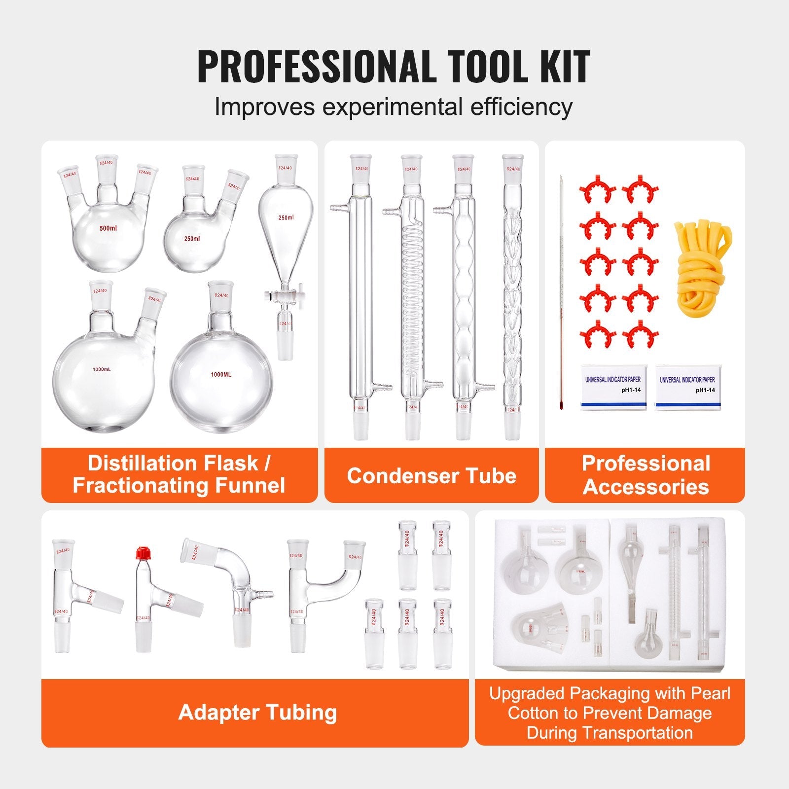 VEVOR Lab Distillation Kit, 3.3 Boro Lab Glassware Distillation Kit with 24, 40 Joint, 1000ml Essential Oil Distillation Apparatus Kit, 32 pcs Set of Glassware Equipment