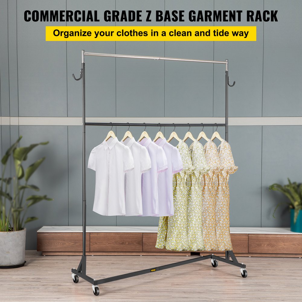 VEVOR Z Rack, Industrial Grade Z Base Garment Rack, Height Adjustable Rolling Z Garment Rack, Sturdy Steel Z Base Clothing Rack w/ Lockable Casters, for Home Clothing Store w/ Add-on Hang Rail Black