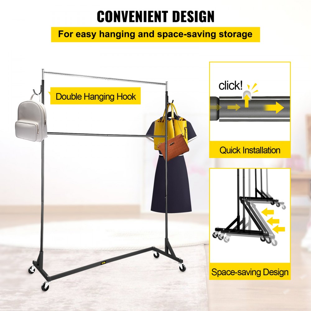 VEVOR Z Rack, Industrial Grade Z Base Garment Rack, Height Adjustable Rolling Z Garment Rack, Sturdy Steel Z Base Clothing Rack w/ Lockable Casters, for Home Clothing Store w/ Add-on Hang Rail Black