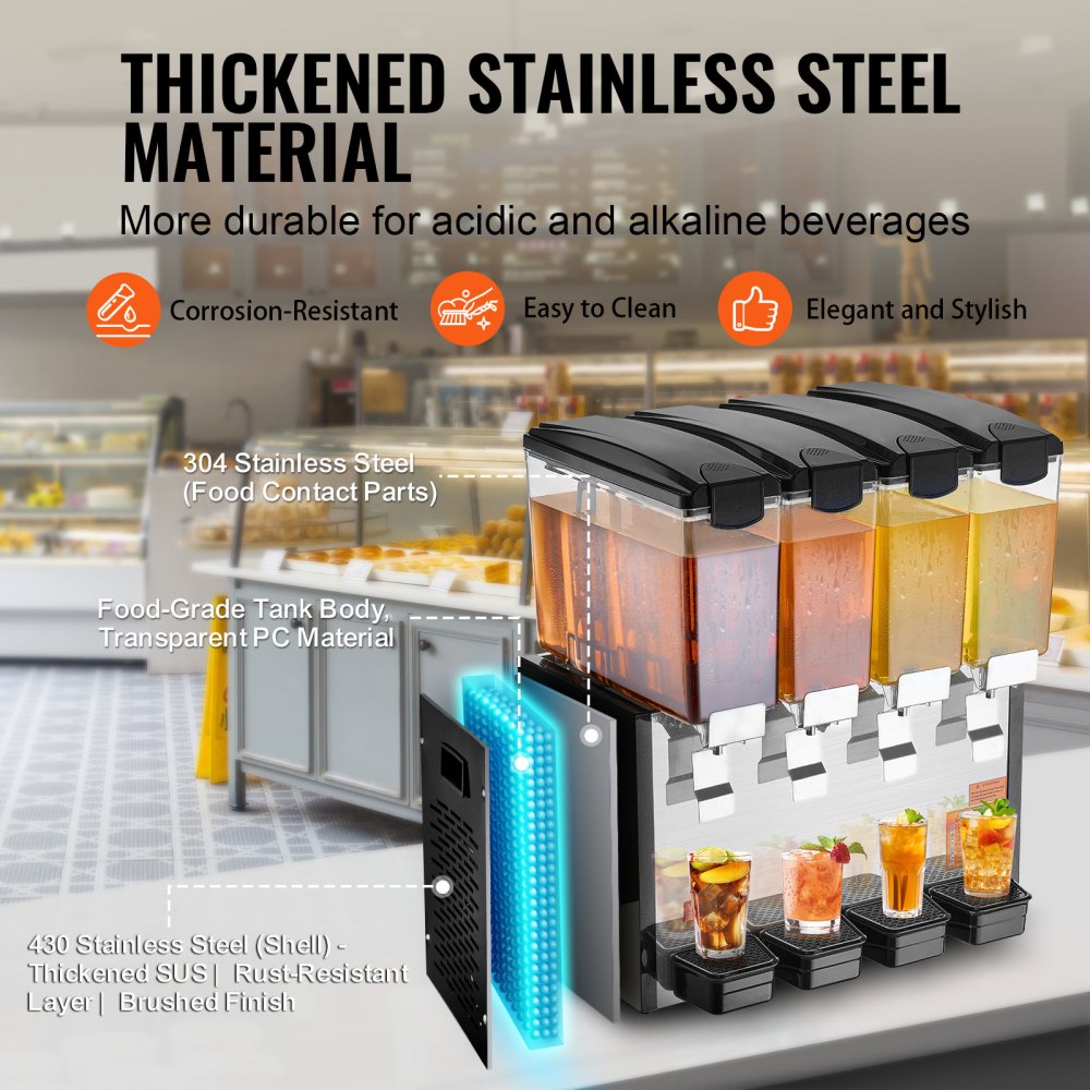 VEVOR Commercial Beverage Dispenser 10L x 4 Tanks Cold Juice Ice Drink Dispenser