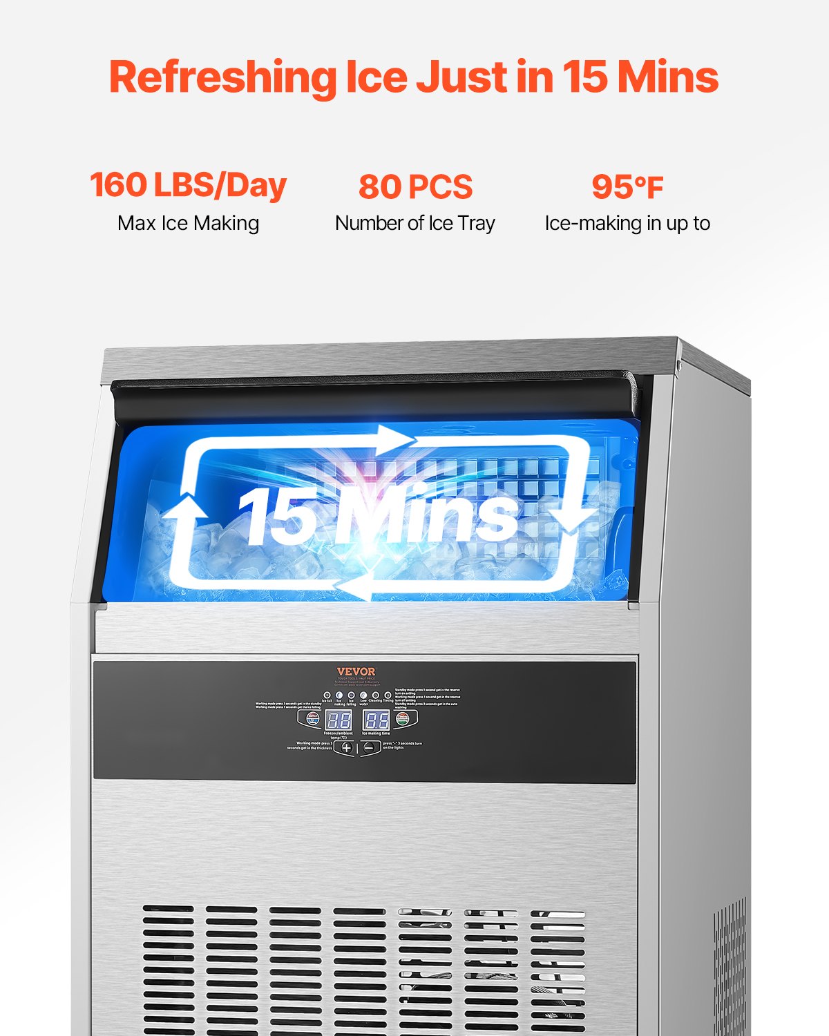 VEVOR Commercial Ice Maker Freestanding Cabinet Machine 160lbs/24H 80 Ice Cubes