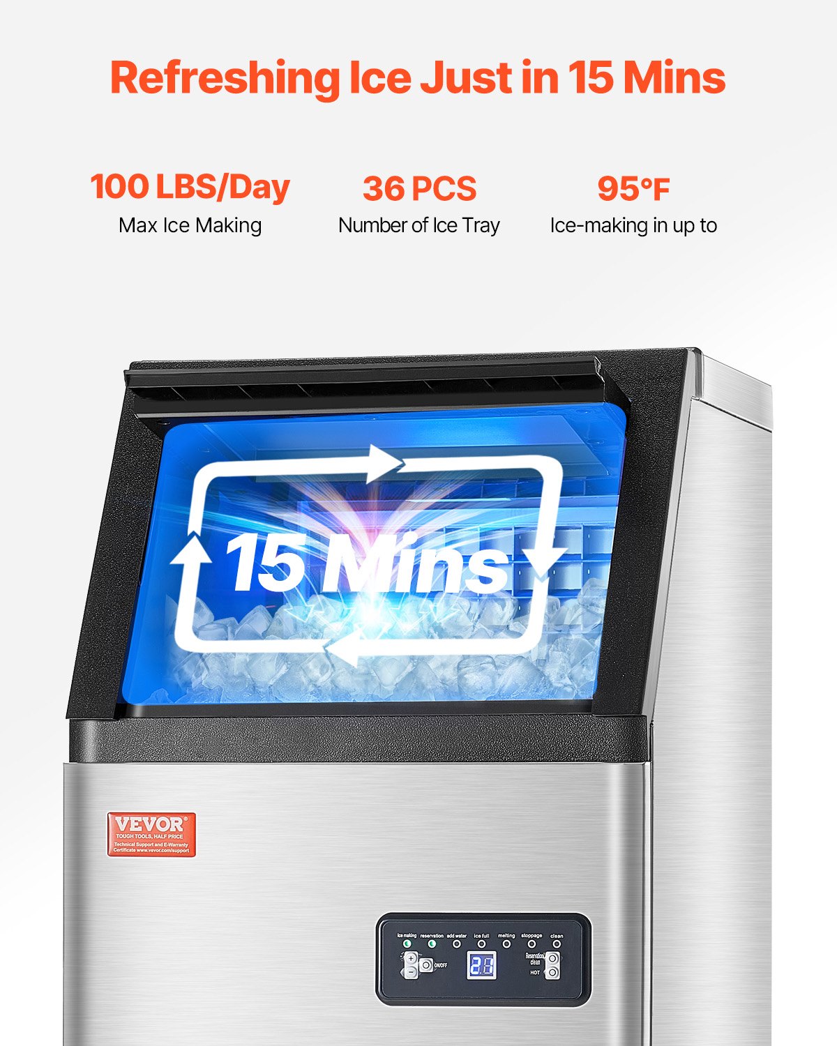 VEVOR Commercial Ice Maker Freestanding Cabinet Machine 100lbs/24H 36 Ice Cubes