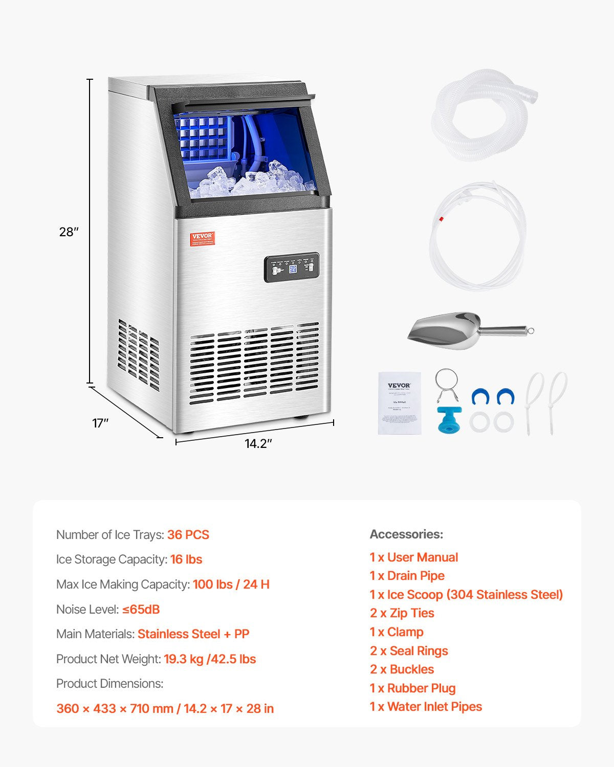 VEVOR Commercial Ice Maker Freestanding Cabinet Machine 100lbs/24H 36 Ice Cubes