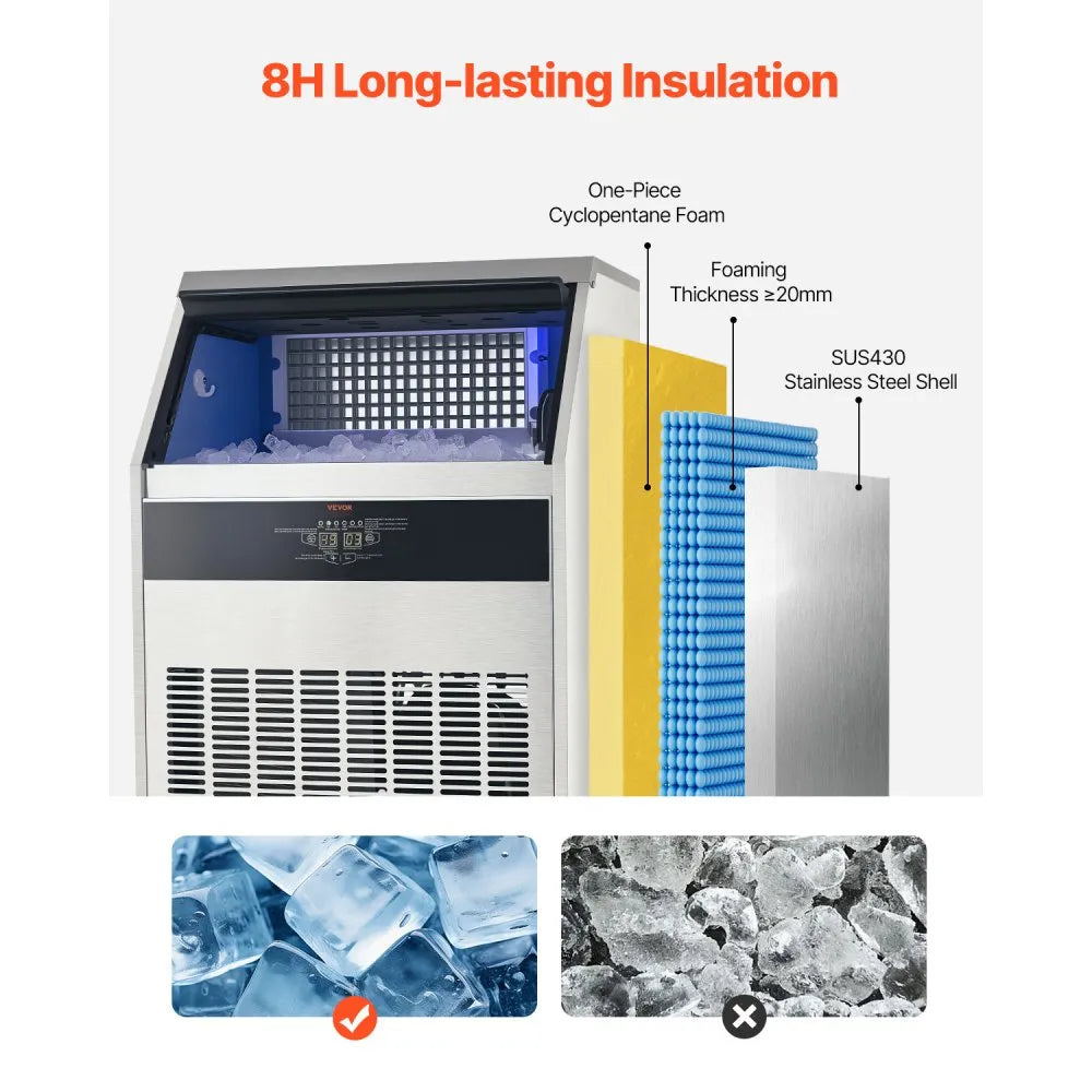 VEVOR 300lbs/24H Commercial Ice Maker, 126 Ice Cubes in 15 Minutes, Freestanding Ice Maker Machine with 88lbs Large Storage Capacity for Bar Office Restaurant, with LED Digital Display & Self-Cleaning