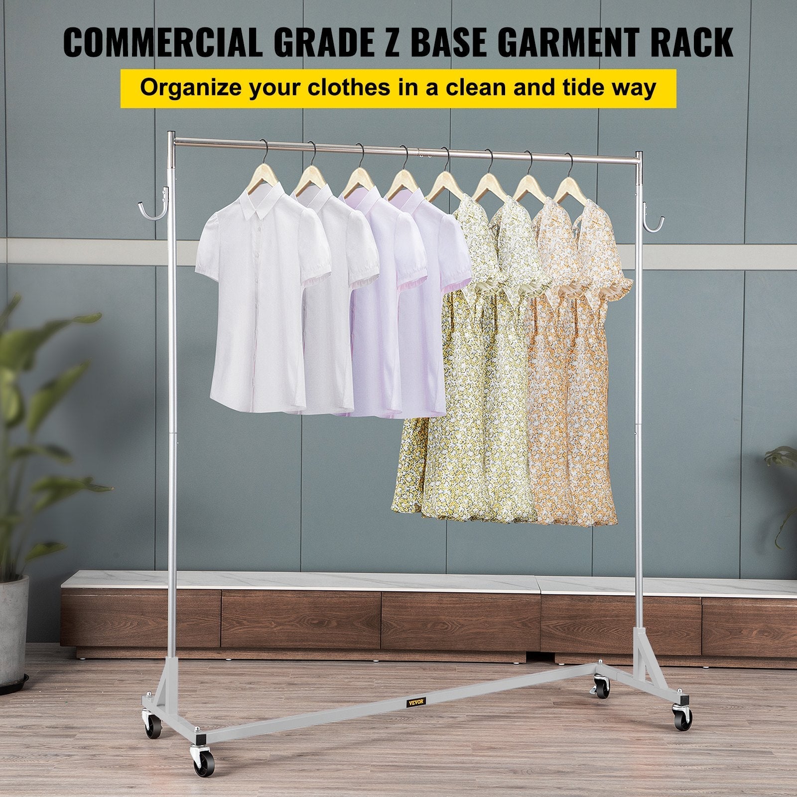 VEVOR Z Rack, Industrial Grade Z Base Garment Rack, Height Adjustable Rolling Z Garment Rack, Sturdy Steel Z Base Clothing Rack w/ Lockable Casters for Home Garment Store Display Commercial Use Silver