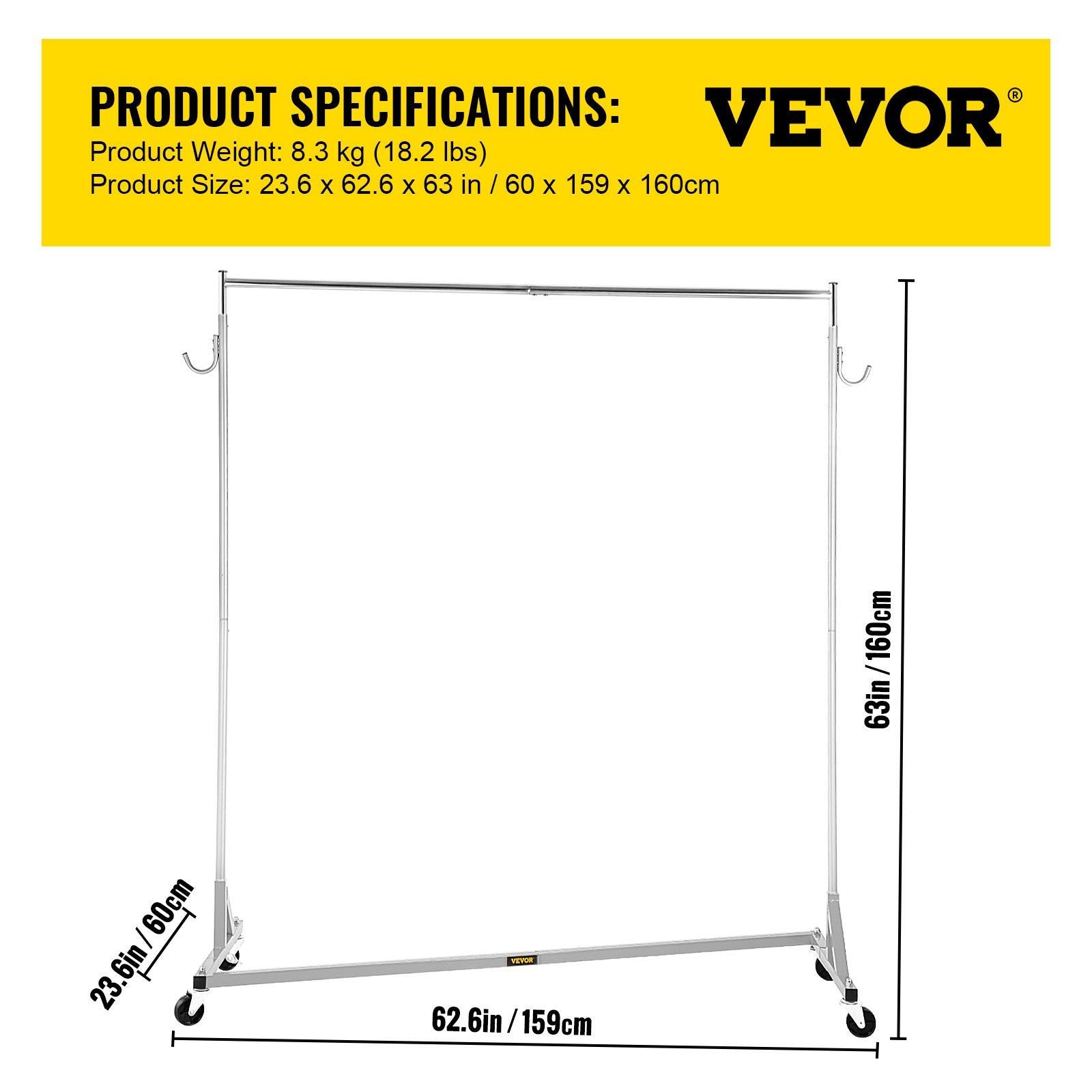 VEVOR Z Rack, Industrial Grade Z Base Garment Rack, Height Adjustable Rolling Z Garment Rack, Sturdy Steel Z Base Clothing Rack w/ Lockable Casters for Home Garment Store Display Commercial Use Silver