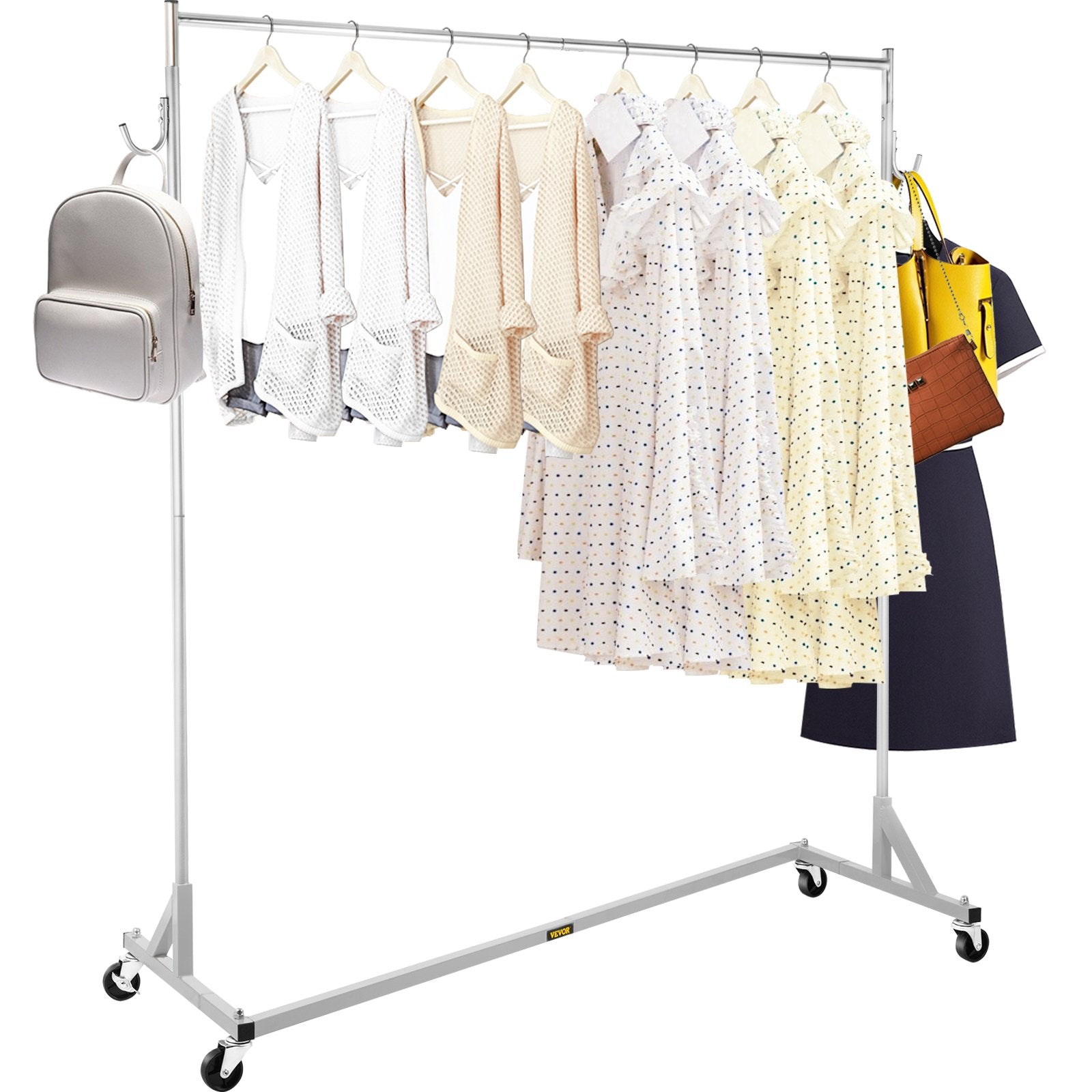 VEVOR Z Rack, Industrial Grade Z Base Garment Rack, Height Adjustable Rolling Z Garment Rack, Sturdy Steel Z Base Clothing Rack w/ Lockable Casters for Home Garment Store Display Commercial Use Silver