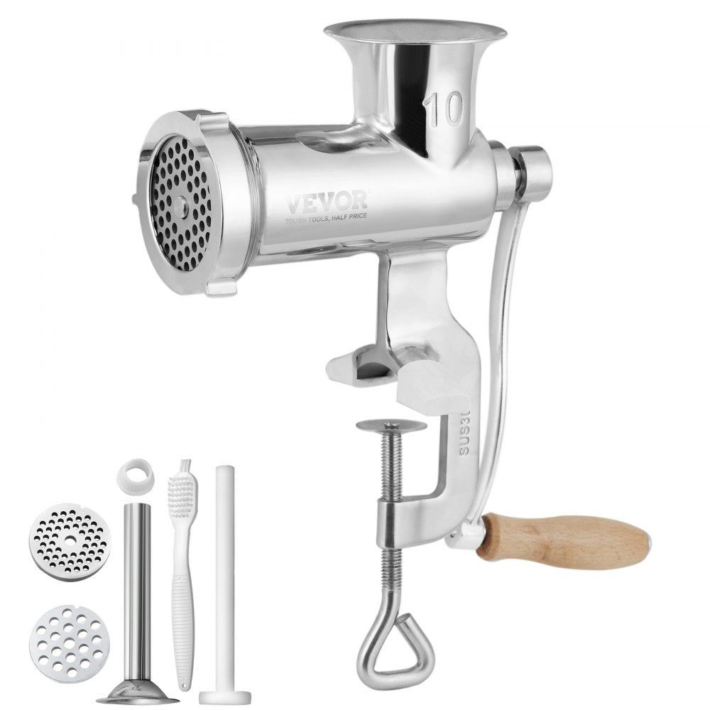 VEVOR Meat Grinders, All Parts Stainless Steel, Hand Operated Meat Grinding Machine with Tabletop Clamp, 2 Grinding Plates & Sausage Stuffer, Ideal for Home Kitchen Restaurant Butcher’s Shop