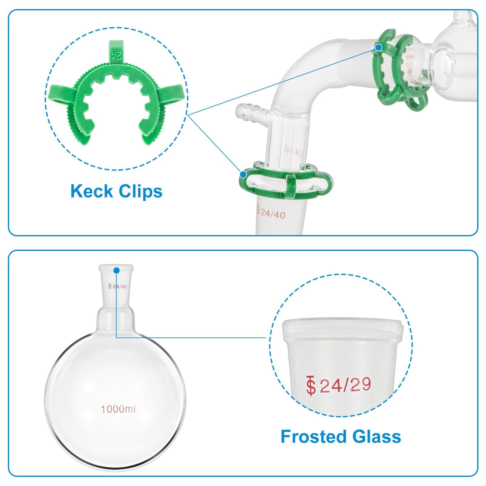 VEVOR Glass Organic Chemistry Kit 13pcs Distillation Kit 24/40 Joints Distillation Apparatus Borosilicate Glass Lab Glassware Kit w/ 1000ml Round Bottom Flask for Distillations Separation Purification