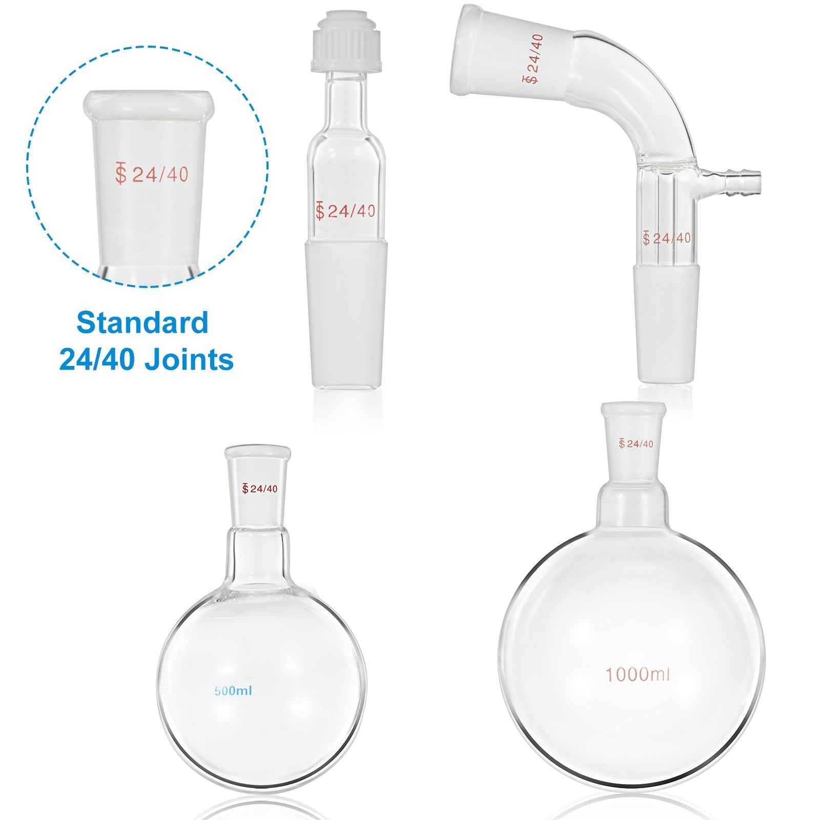 VEVOR Glass Organic Chemistry Kit 13pcs Distillation Kit 24/40 Joints Distillation Apparatus Borosilicate Glass Lab Glassware Kit w/ 1000ml Round Bottom Flask for Distillations Separation Purification