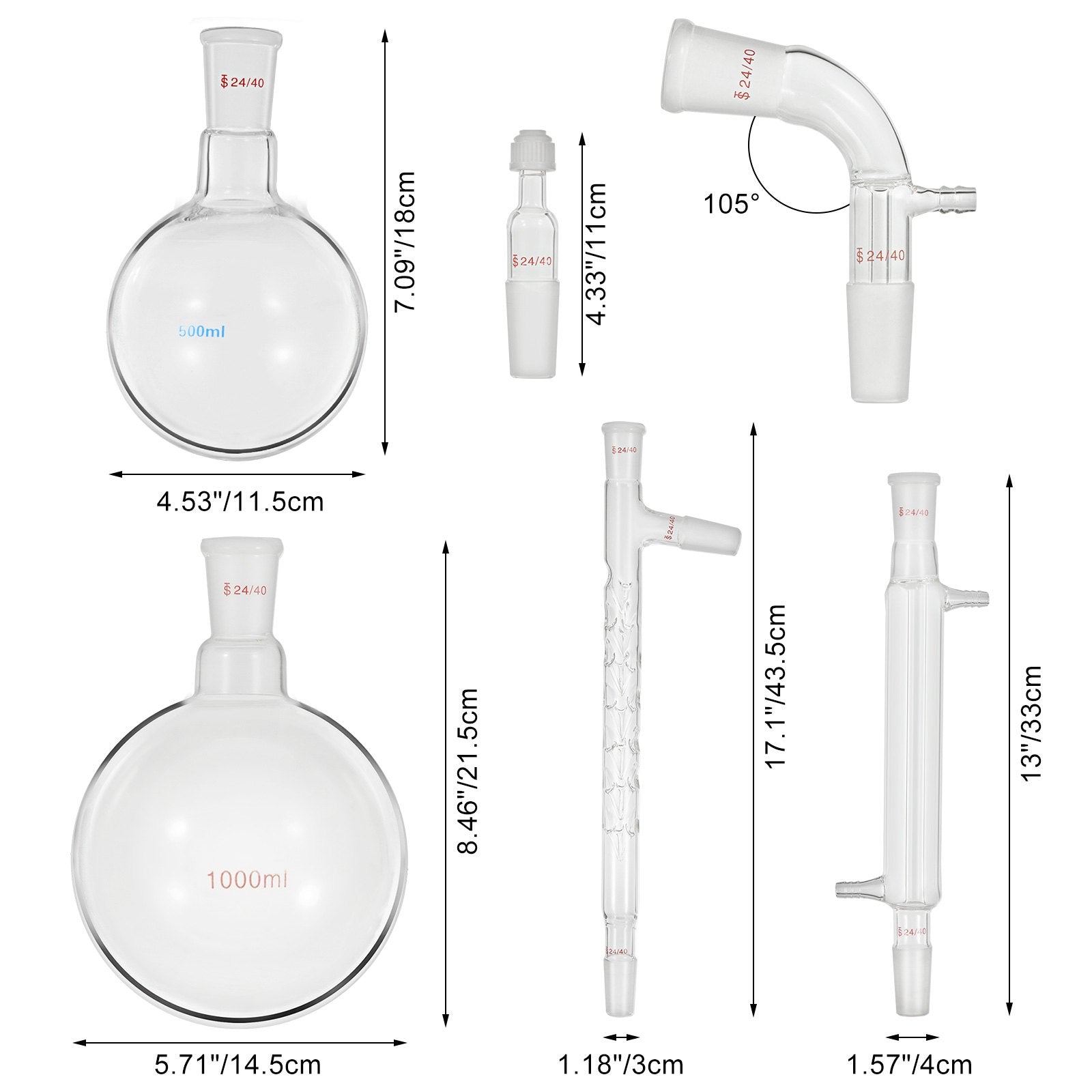VEVOR Glass Organic Chemistry Kit 13pcs Distillation Kit 24/40 Joints Distillation Apparatus Borosilicate Glass Lab Glassware Kit w/ 1000ml Round Bottom Flask for Distillations Separation Purification