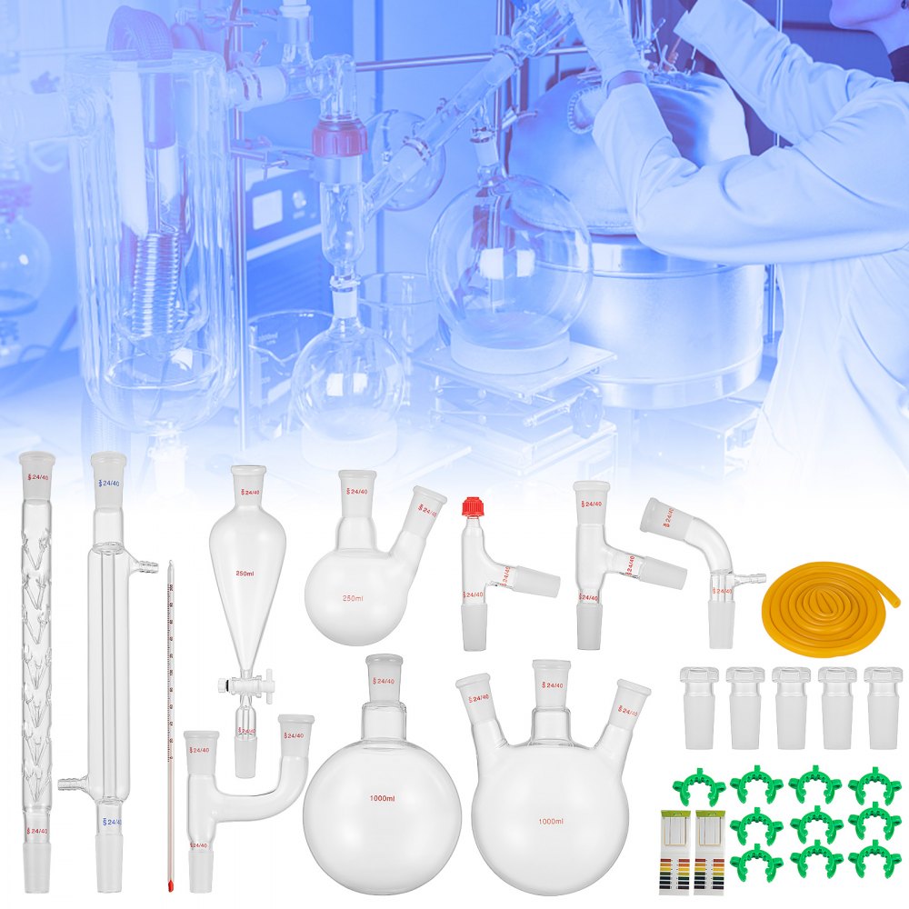 VEVOR New Laboratory Glassware 24/40 Chemistry Glassware 29PCS Chemistry Lab Glassware Kit 250 1000ml for Distillations Separation Purification Synthesis