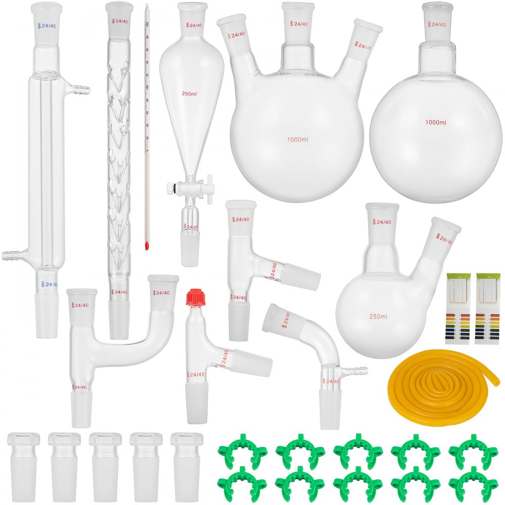 VEVOR New Laboratory Glassware 24/40 Chemistry Glassware 29PCS Chemistry Lab Glassware Kit 250 1000ml for Distillations Separation Purification Synthesis