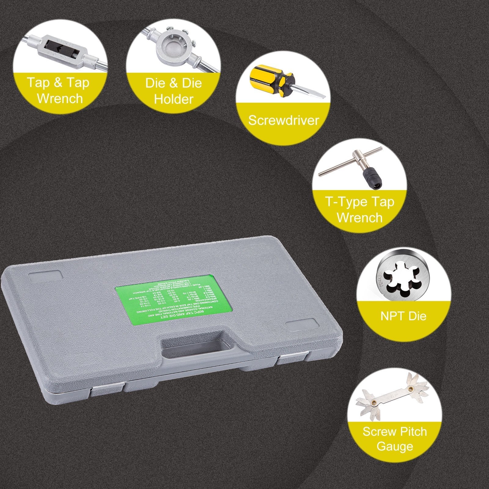 VEVOR Tap and Die Set, 60 PC Tap Set Metric and SAE with Storage Case, Carbon Steel Internal and External Tap and Die Set Metric and Standard, Used for Create New Threads or Repair Damaged Threads