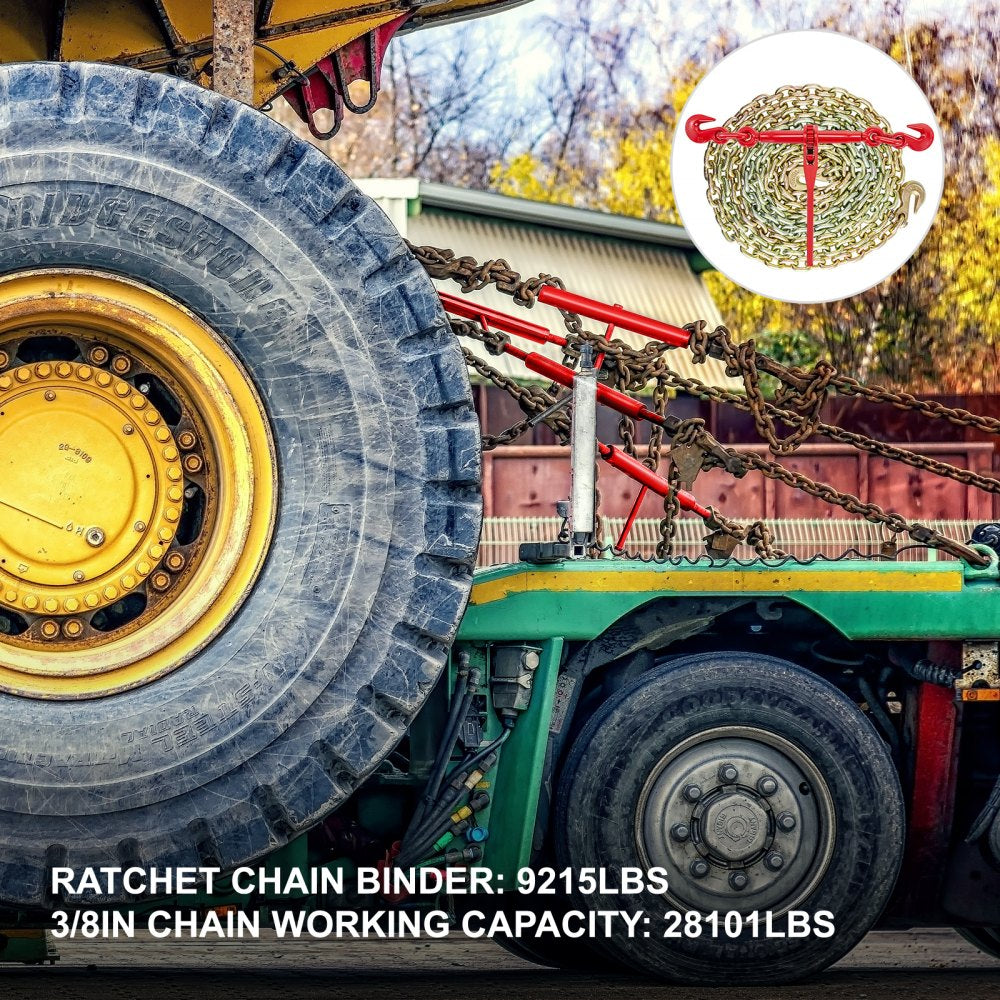 VEVOR Chain and Binder Kit 3/8in-1/2in, Ratchet Load Binders 9215lbs Working Strength, Ratchet Binders and Chains, 3/8in x 10ft Chains w/ G70 Hooks, for Truck, Tie Down, Hauling, Towing