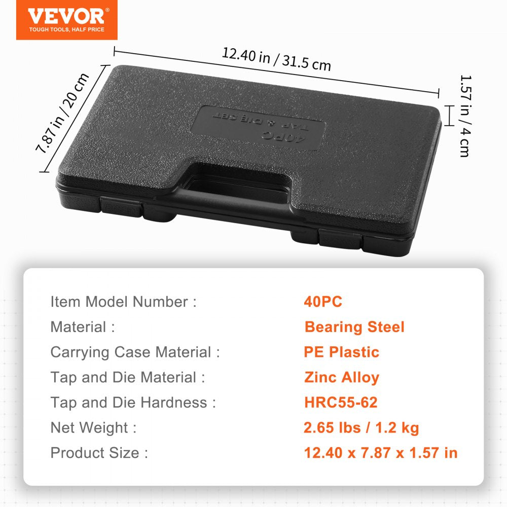 VEVOR Tap and Die Set, 40-Piece Include Metric Size M3 to M12, Bearing Steel Taps and Dies, Essential Threading Tool for Cutting External Internal Threads, with Complete Accessories and Storage Case