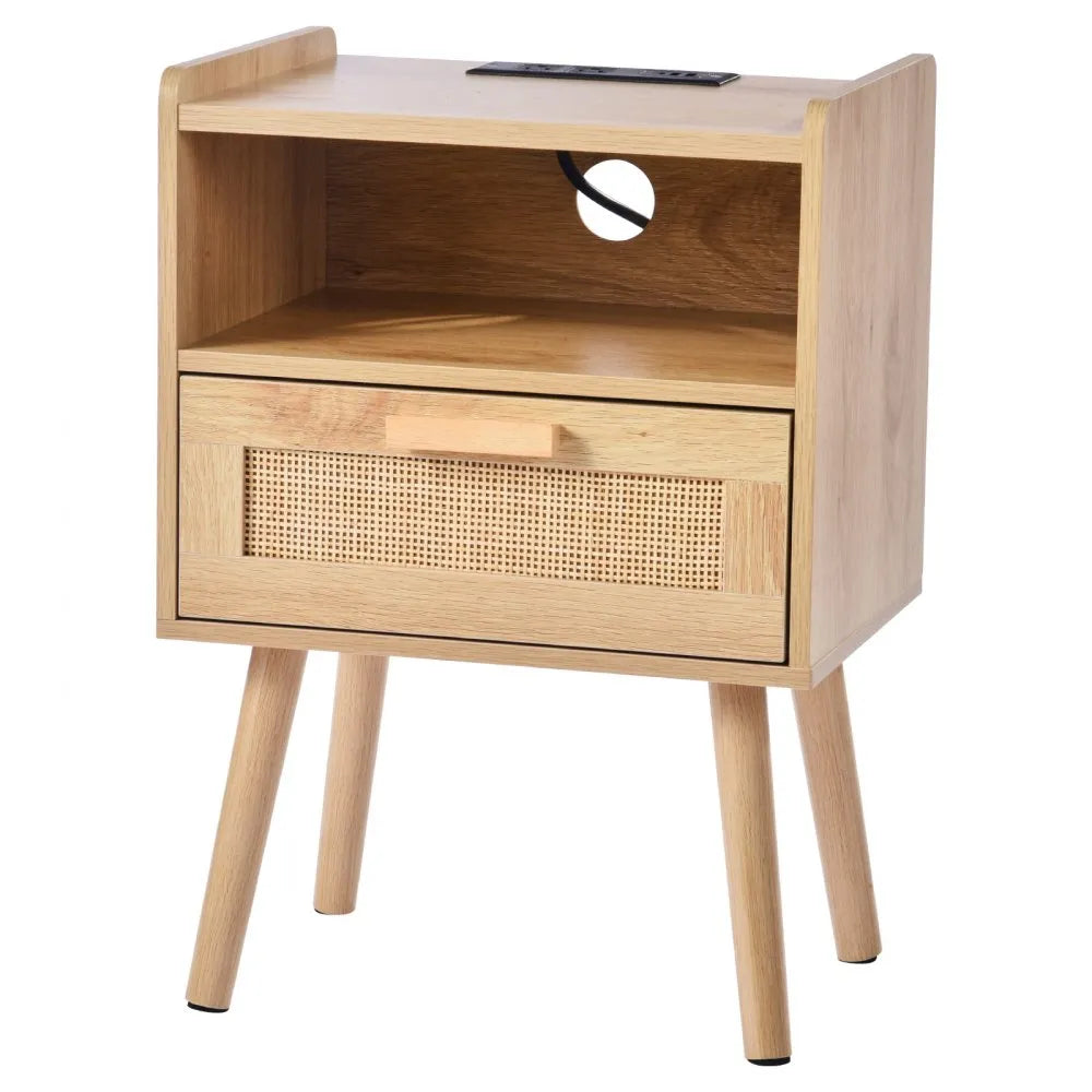 VEVOR Rattan Nightstand End Table with Drawer Open Shelf Boho Bedside Table
