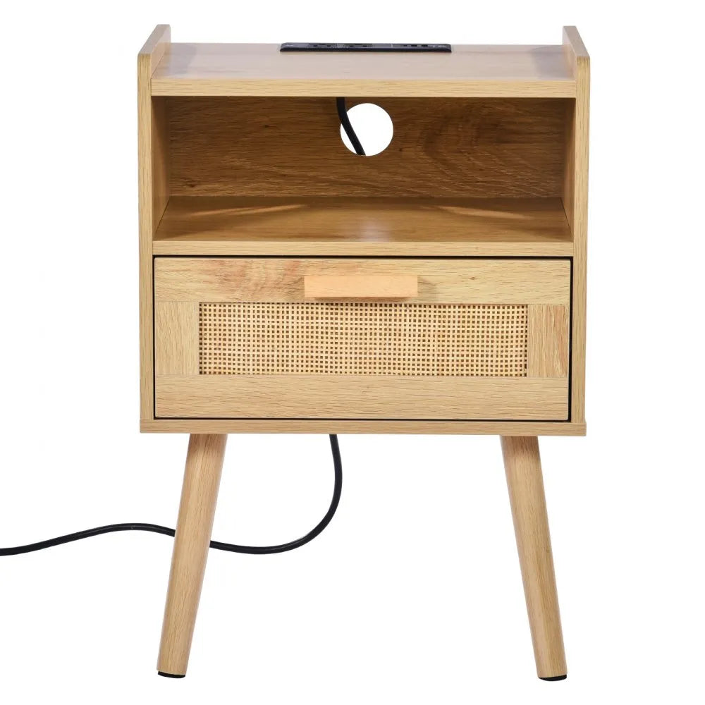 VEVOR Rattan Nightstand End Table with Drawer Open Shelf Boho Bedside Table