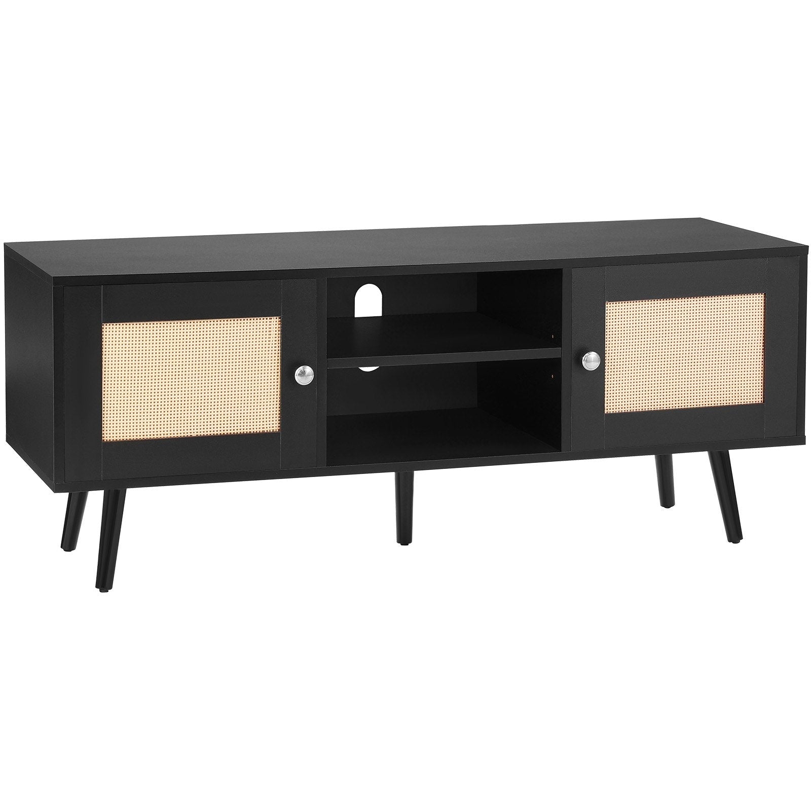 VEVOR Rattan TV Stand for 55" TV Entertainment Center with Rattan Door Black