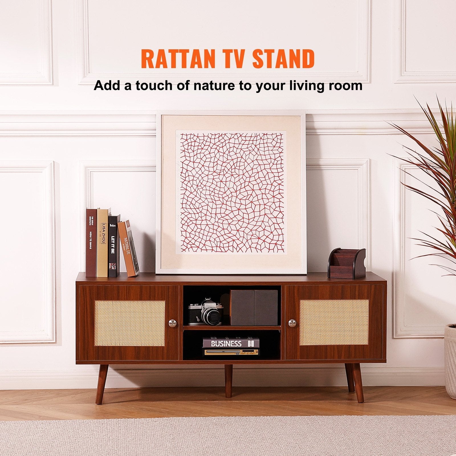 VEVOR Rattan TV Stand for 55" TV Entertainment Center with Rattan Door Walnut