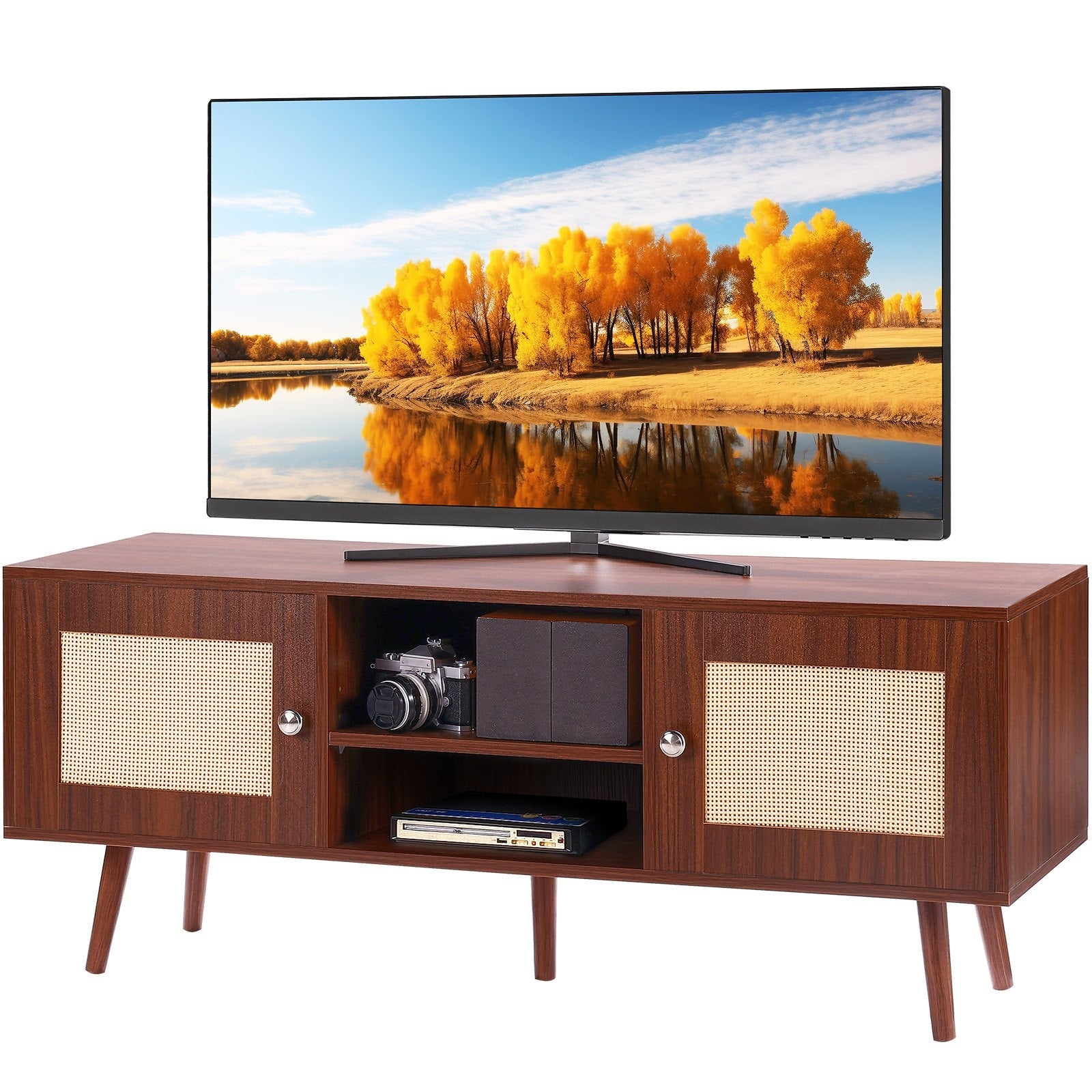 VEVOR Rattan TV Stand for 55" TV Entertainment Center with Rattan Door Walnut