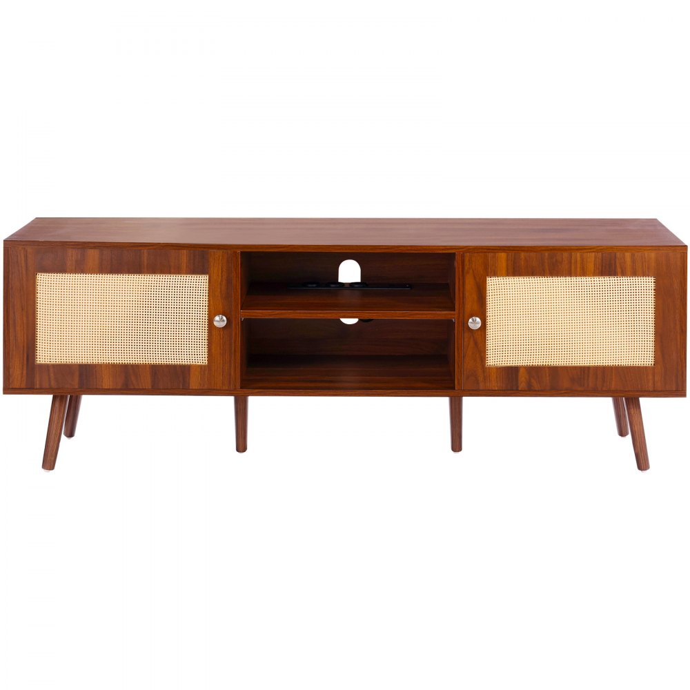 VEVOR Rattan TV Stand for 65" TV Boho TV Stand with Build-in Socket Walnut