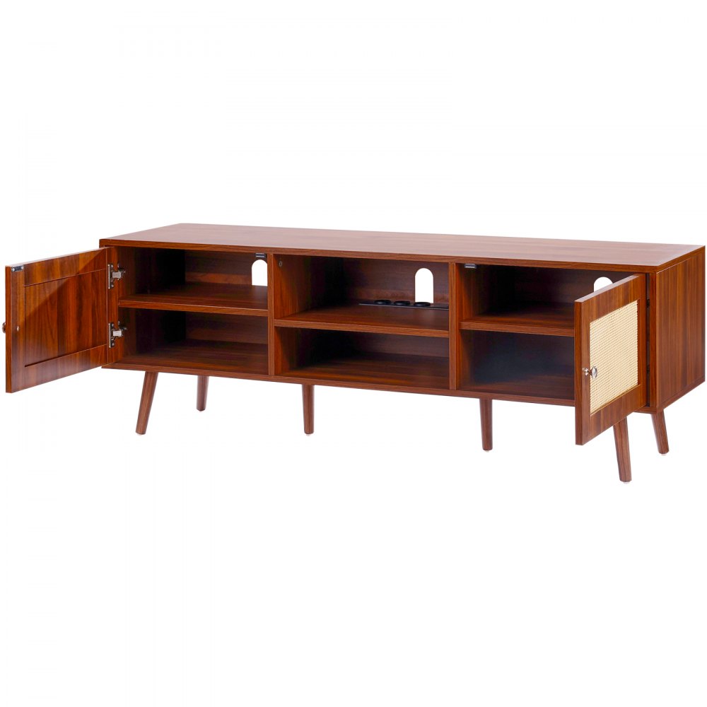 VEVOR Rattan TV Stand for 65" TV Boho TV Stand with Build-in Socket Walnut