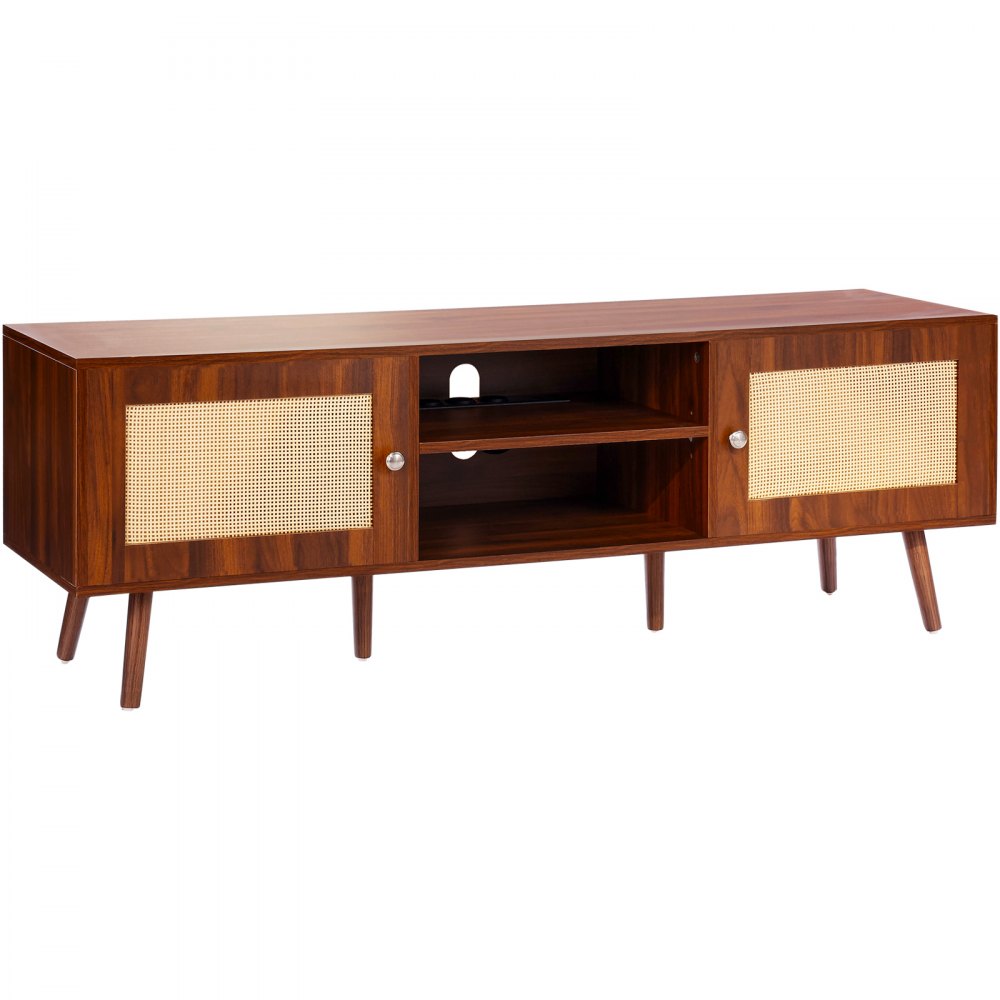 VEVOR Rattan TV Stand for 65" TV Boho TV Stand with Build-in Socket Walnut