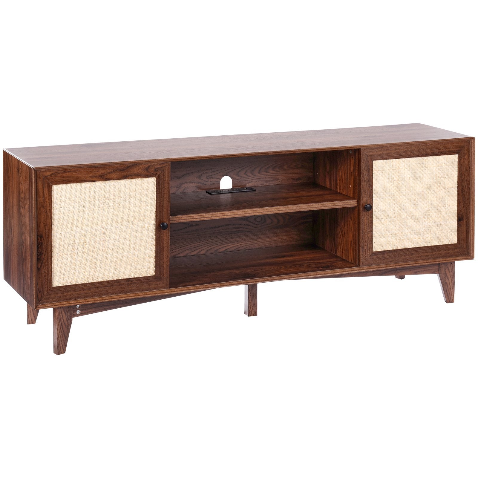 VEVOR Rattan TV Stand for 75" TV Boho TV Stand with Build-in Socket Walnut