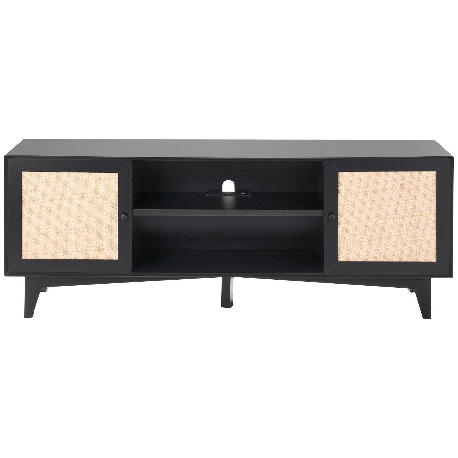 VEVOR Rattan TV Stand for 75" TV Boho TV Stand with Build-in Socket Black