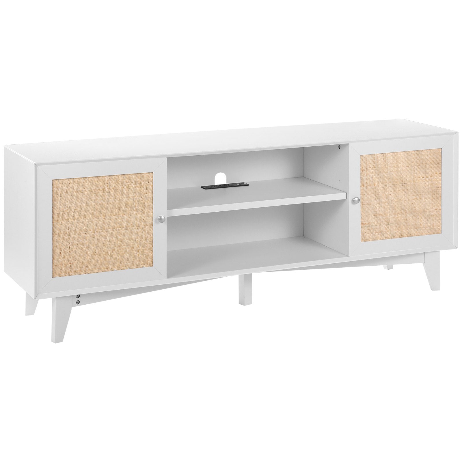VEVOR Rattan TV Stand for 75" TV Boho TV Stand with Build-in Socket White