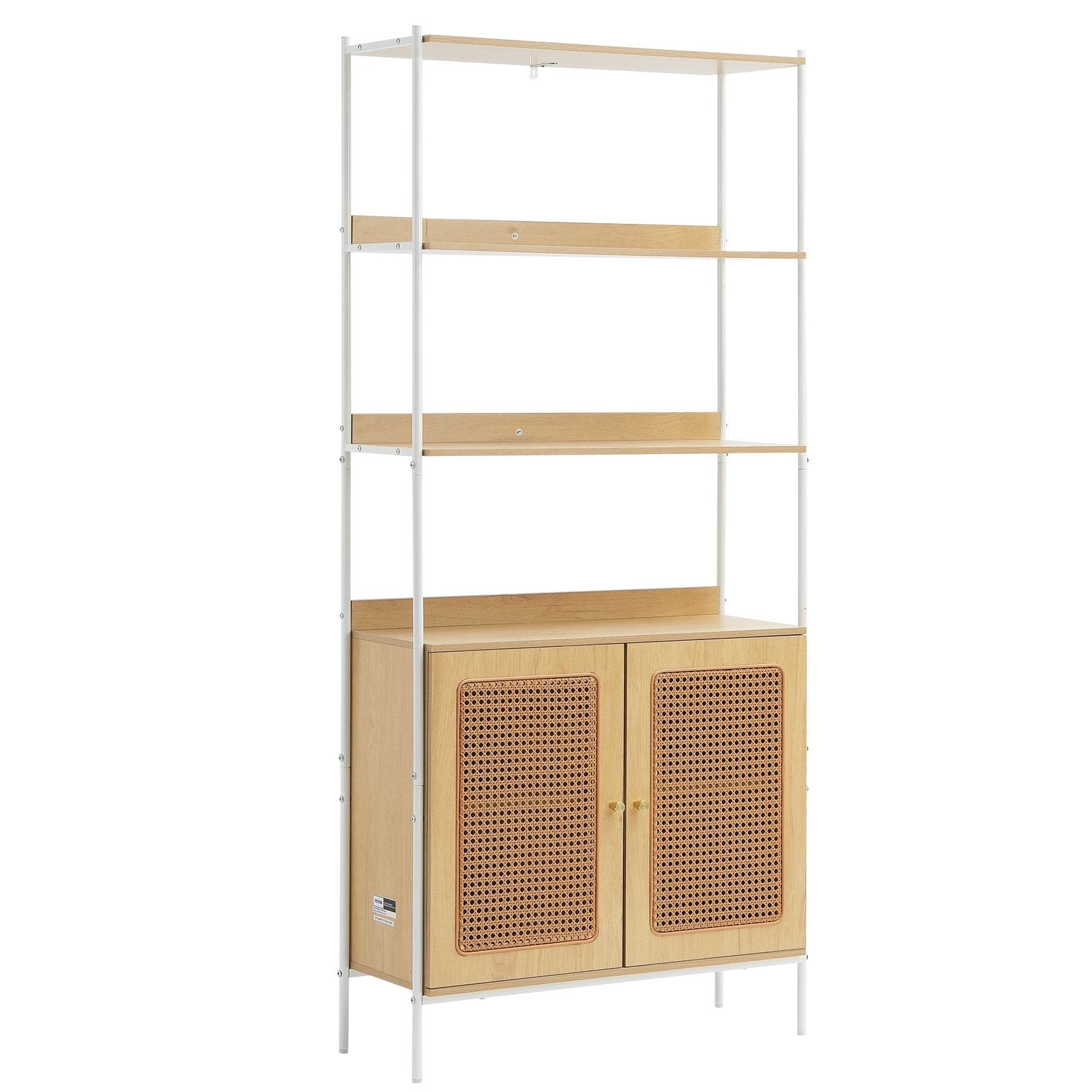 VEVOR Rattan Bookshelf Ladder Shelf with 2 Doors Rectangle Storage Rack Natural