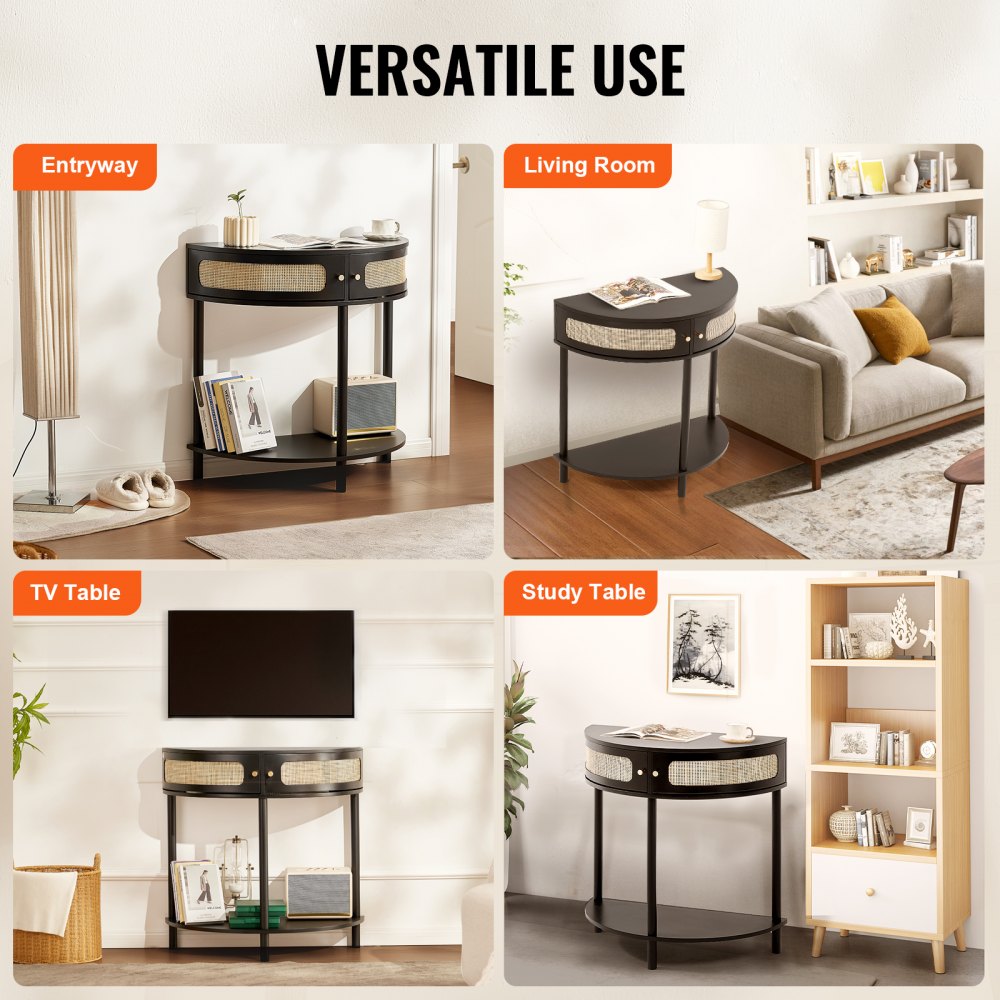 VEVOR Half-moon Rattan Console Table 2 Storage Drawers Rattan Sliding Door Black