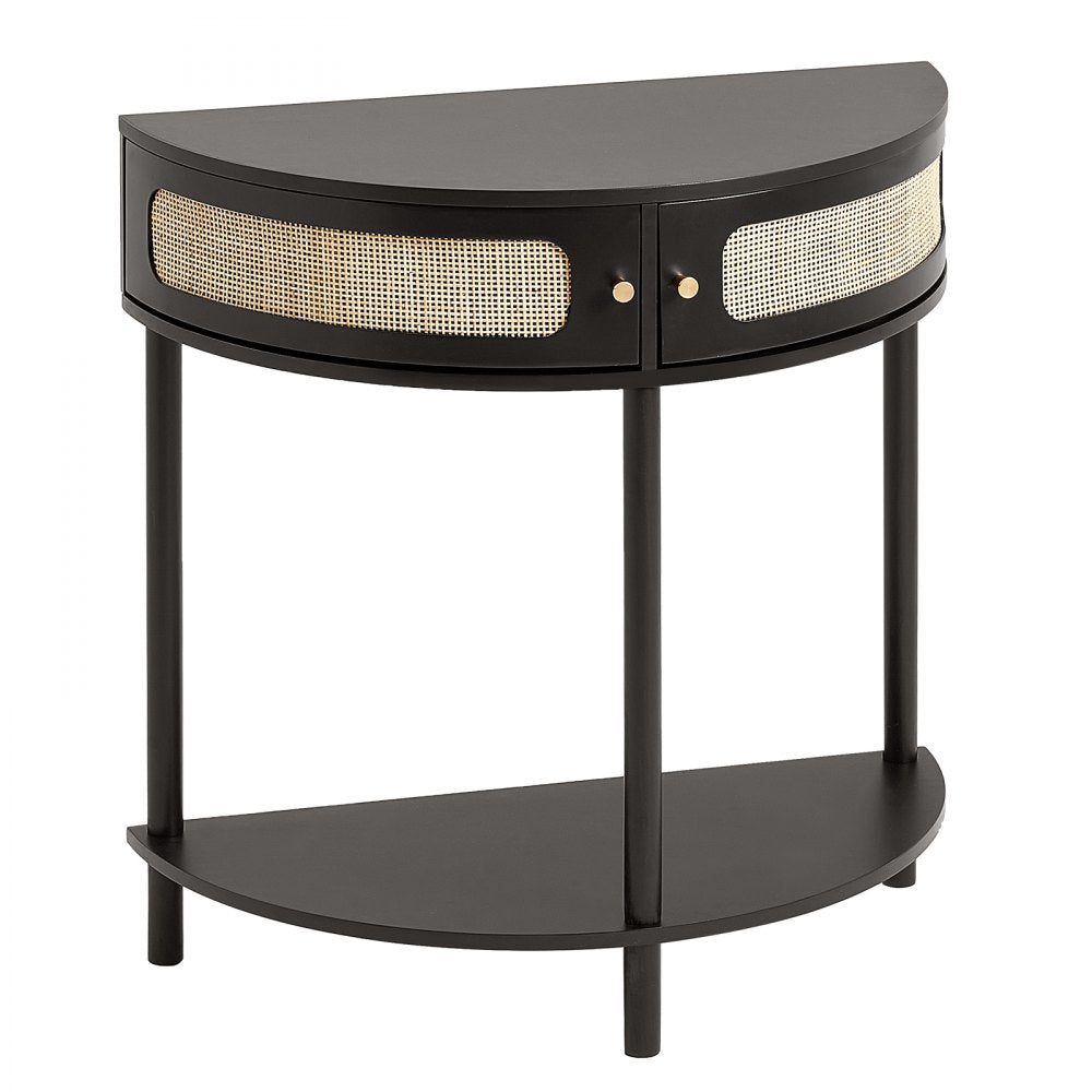 VEVOR Half-moon Rattan Console Table 2 Storage Drawers Rattan Sliding Door Black