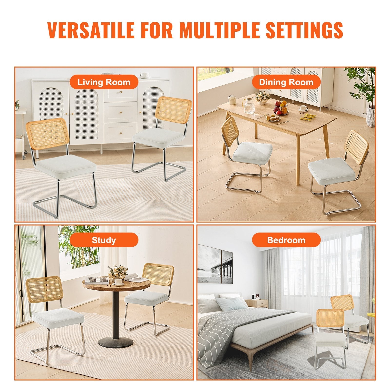 VEVOR Rattan Chairs, Set of 2, Mid Century Modern Dining Chair, Upholstered Velvet Accent Chair with Rattan Back, Retro Dining Room Kitchen Chair for Living Room, Bedroom, Reading Room, Office, White