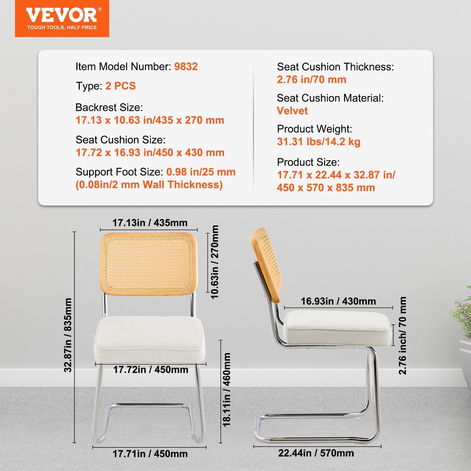 VEVOR Rattan Chairs, Set of 2, Mid Century Modern Dining Chair, Upholstered Velvet Accent Chair with Rattan Back, Retro Dining Room Kitchen Chair for Living Room, Bedroom, Reading Room, Office, White