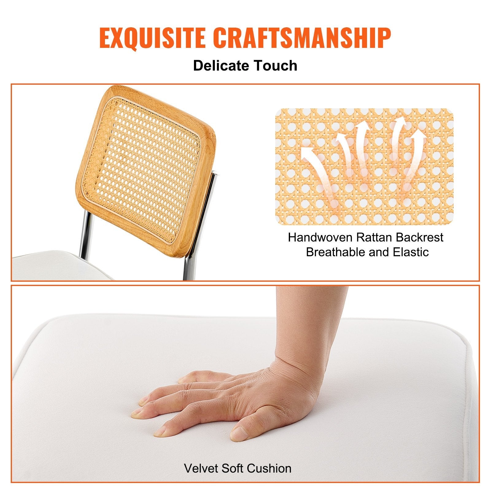 VEVOR Rattan Chairs, Set of 4, Mid Century Modern Dining Chair, Upholstered Velvet Accent Chair with Rattan Back, Retro Dining Room Kitchen Chair for Living Room, Bedroom, Reading Room, Office, White