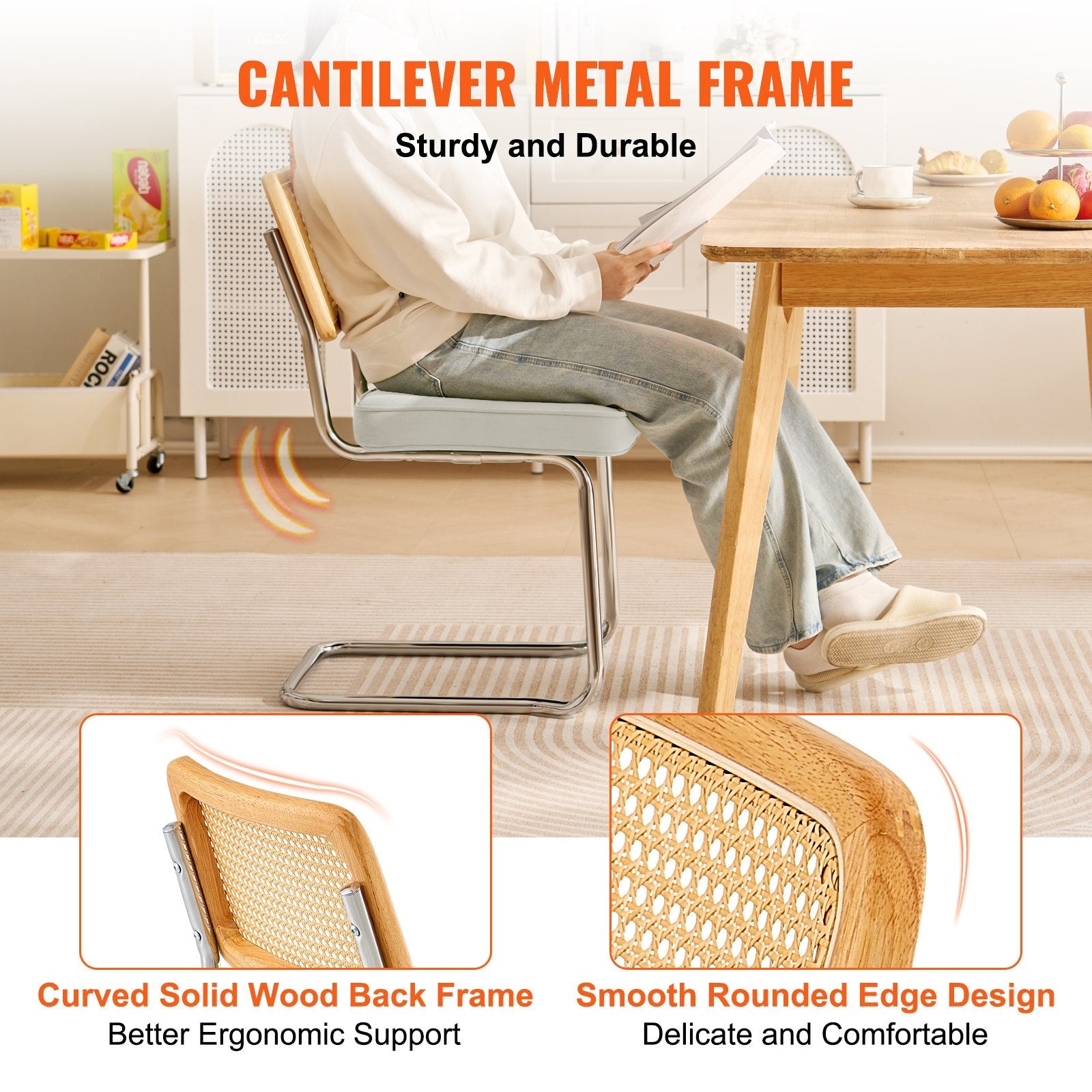 VEVOR Rattan Chairs, Set of 4, Mid Century Modern Dining Chair, Upholstered Velvet Accent Chair with Rattan Back, Retro Dining Room Kitchen Chair for Living Room, Bedroom, Reading Room, Office, White