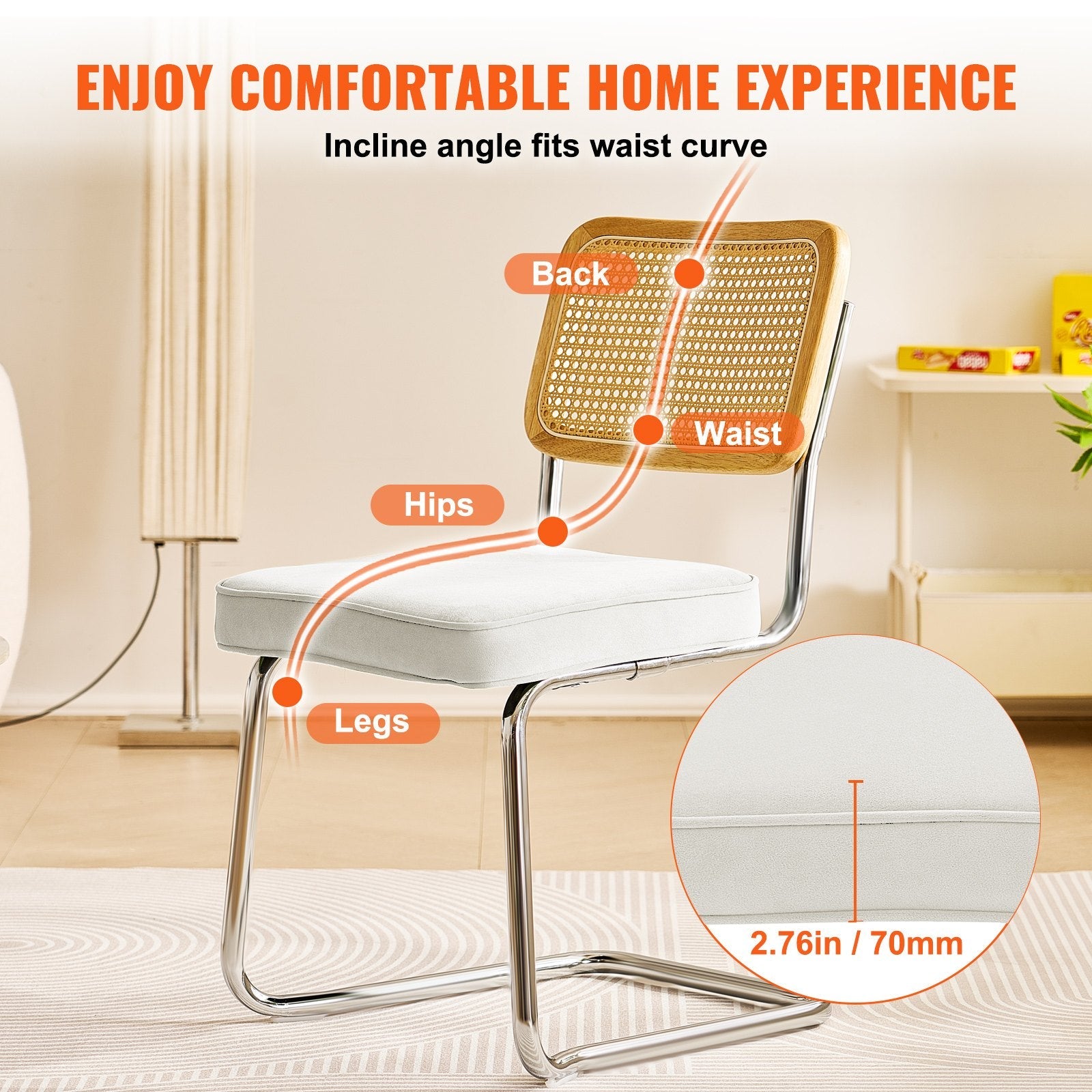 VEVOR Rattan Chairs, Set of 4, Mid Century Modern Dining Chair, Upholstered Velvet Accent Chair with Rattan Back, Retro Dining Room Kitchen Chair for Living Room, Bedroom, Reading Room, Office, White