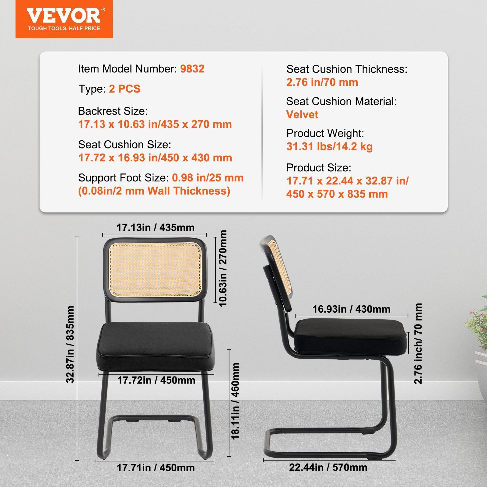 VEVOR Rattan Chairs, Set of 2, Mid Century Modern Dining Chair, Upholstered Velvet Accent Chair with Rattan Back, Retro Dining Room Kitchen Chair for Living Room, Bedroom, Reading Room, Office, Black
