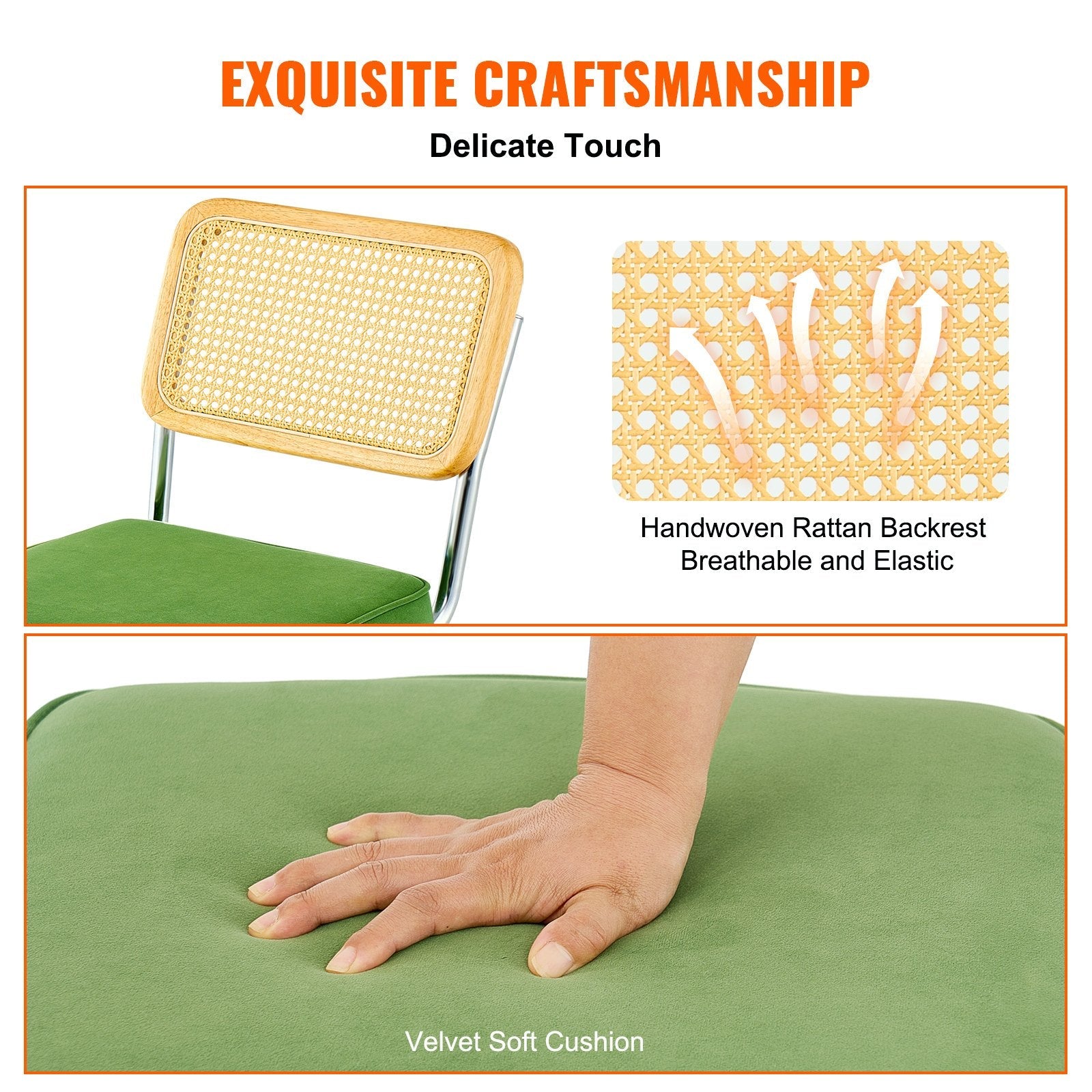 VEVOR Rattan Chairs, Set of 4, Mid Century Modern Dining Chair, Upholstered Velvet Accent Chair with Rattan Back, Retro Dining Room Kitchen Chair for Living Room, Bedroom, Reading Room, Office, Green