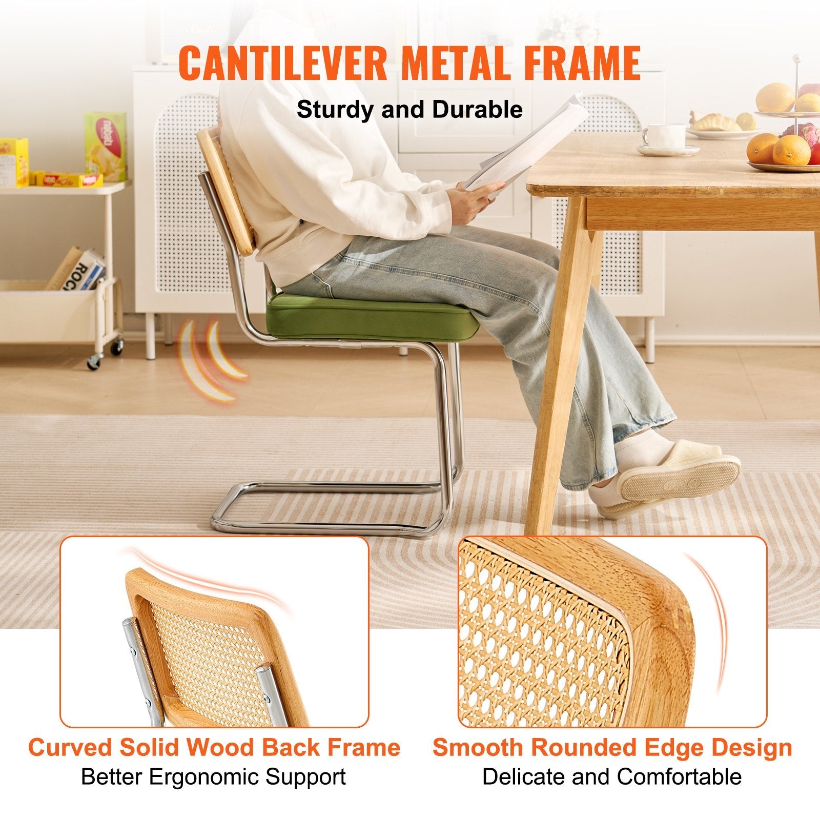 VEVOR Rattan Chairs, Set of 4, Mid Century Modern Dining Chair, Upholstered Velvet Accent Chair with Rattan Back, Retro Dining Room Kitchen Chair for Living Room, Bedroom, Reading Room, Office, Green