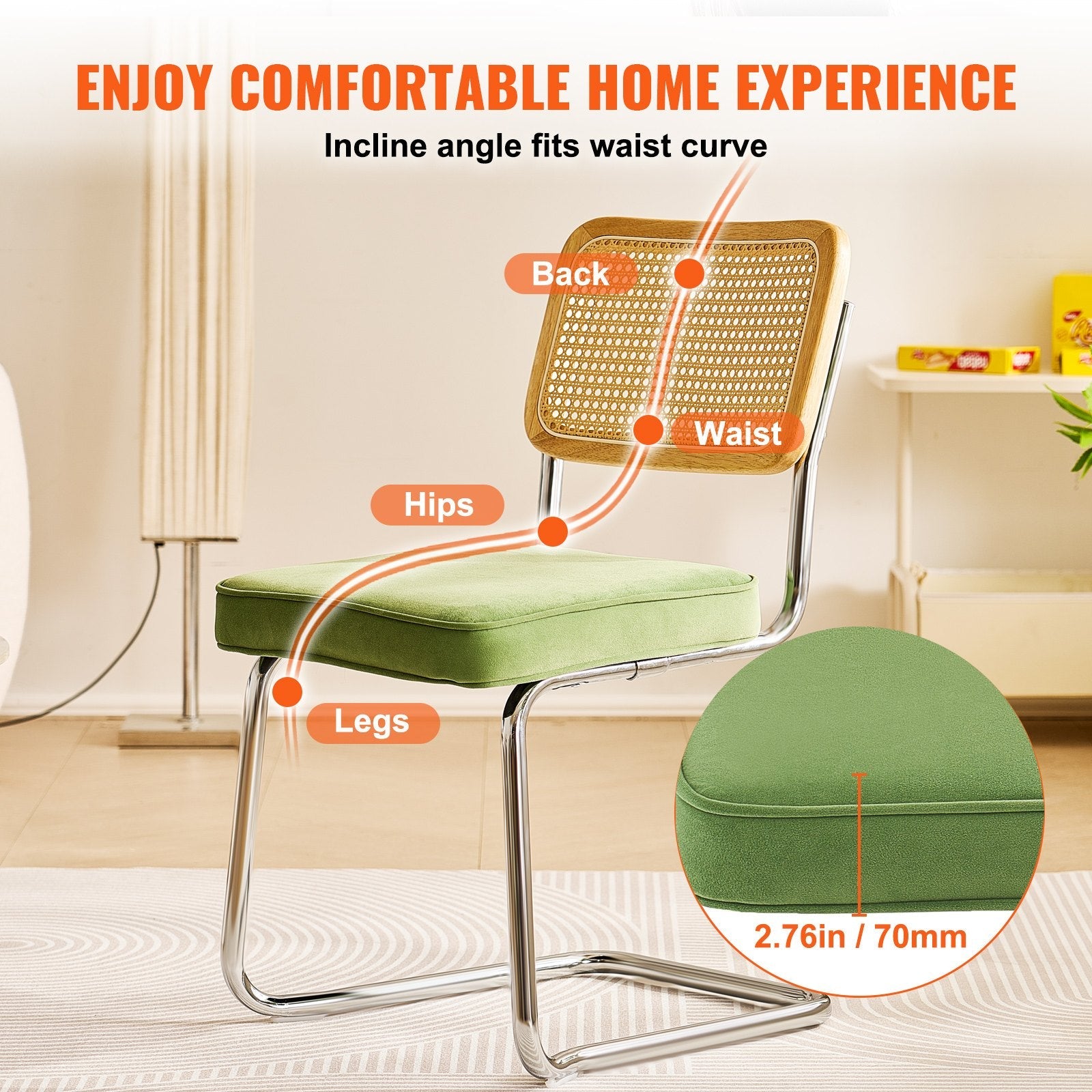 VEVOR Rattan Chairs, Set of 4, Mid Century Modern Dining Chair, Upholstered Velvet Accent Chair with Rattan Back, Retro Dining Room Kitchen Chair for Living Room, Bedroom, Reading Room, Office, Green