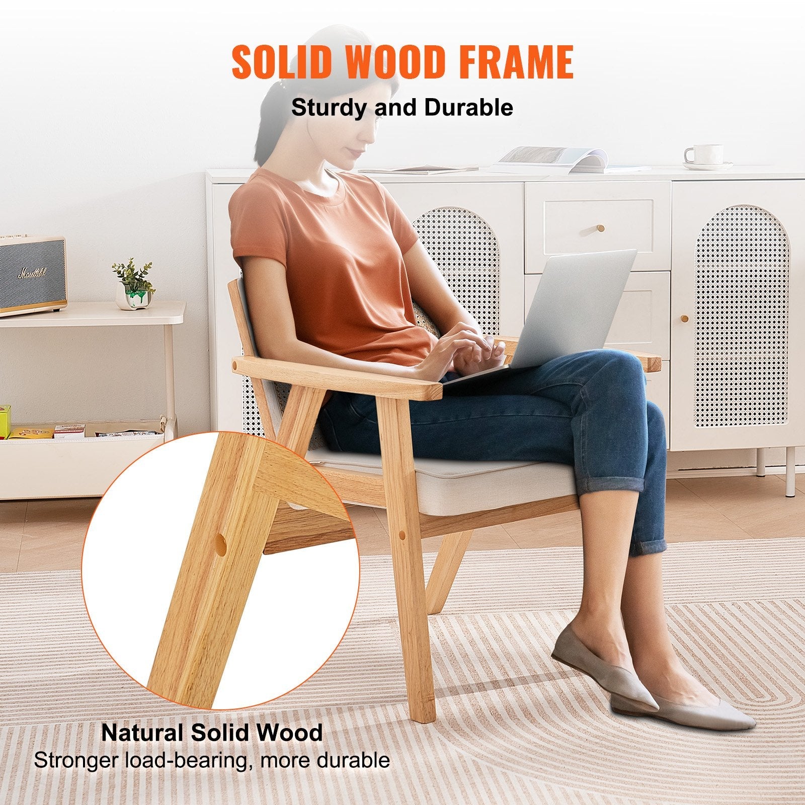 VEVOR Rattan Chair, Mid Century Modern Dining Chair with Armrest, Upholstered Chair with Rattan Back, Retro Rattan Dining Room Kitchen Chair for Living Room, Bedroom, Reading Room, and Office, Beige