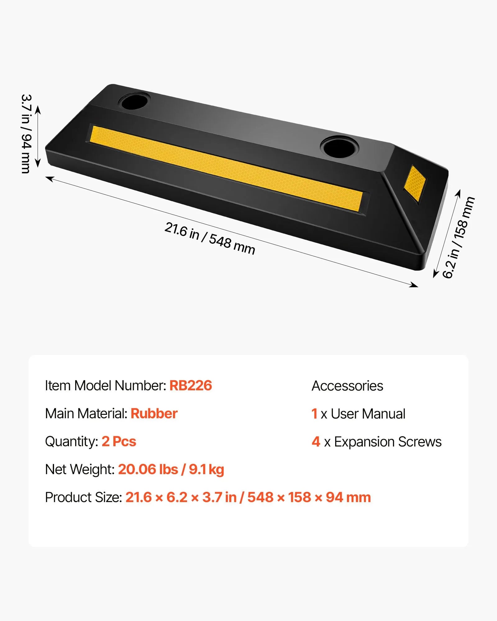 VEVOR Parking Stopper, 21.6 Inch 2 Pcs Heavy Duty Parking Aid for Garage, Rubber Curb Garage Floor Stopper with Reflective Strips, Aid Gadgets for Cars Vans Trucks Tire Wheel Guide Block Stops Bumpers