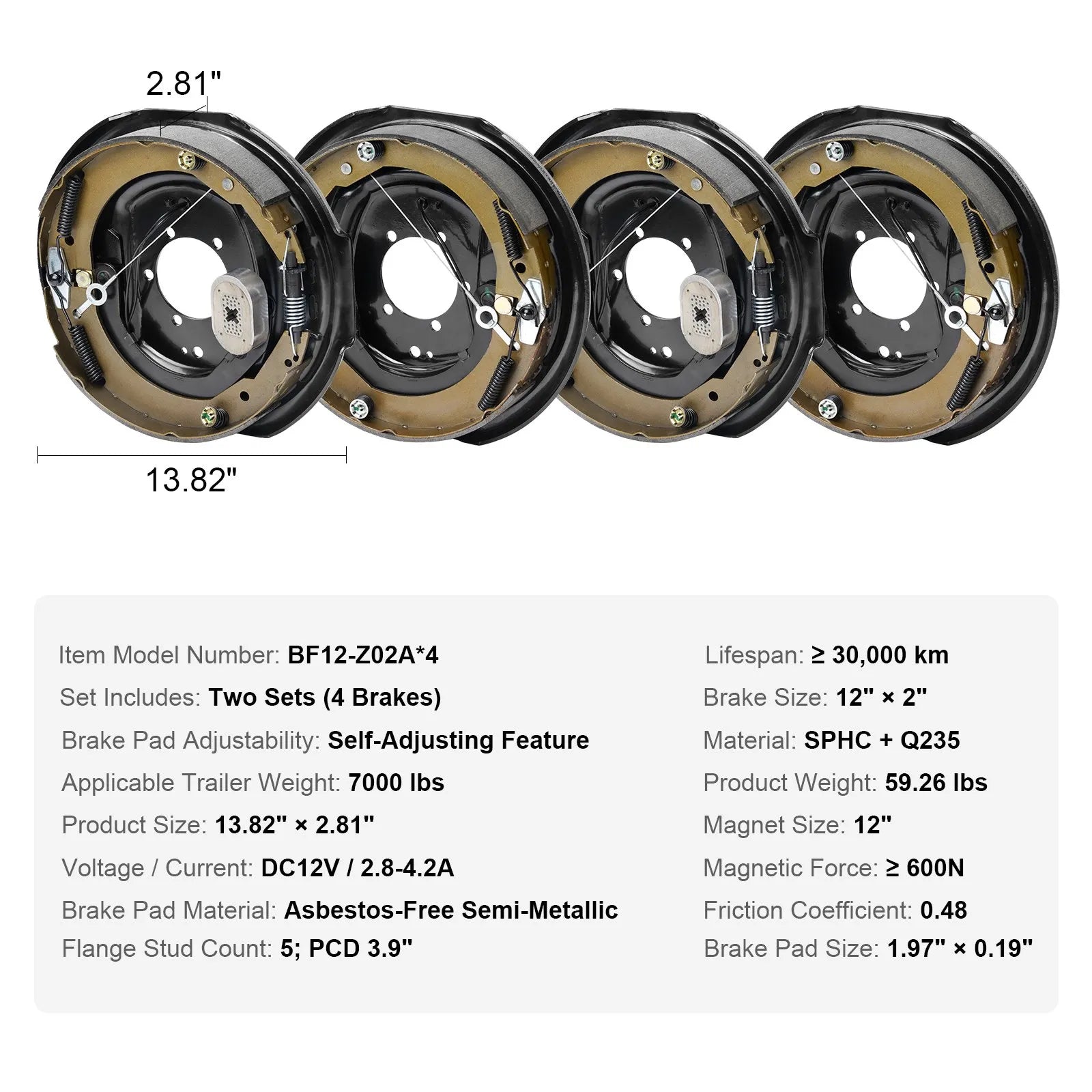 VEVOR Electric Trailer Brake Assembly, 12" x 2", 2 Pairs Self-Adjusting Electric Brakes Kit for 7000 lbs Axle, 5-Hole Mounting, Backing Plates for Braking System Part Replacement (2 Right + 2 Left)